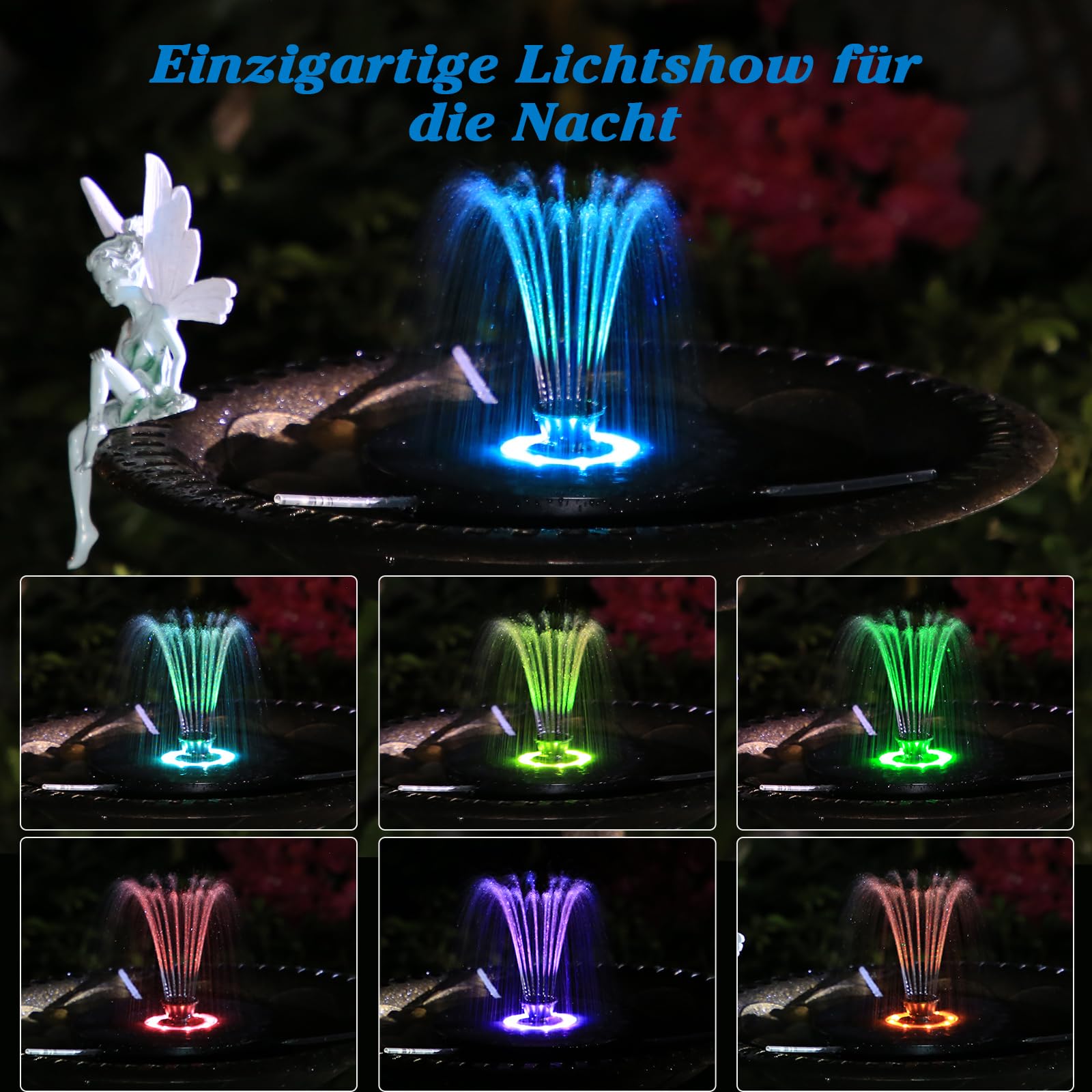 AMZtime Bunte LED 5,5W Outdoor Solar Springbrunnen für Außen, Solarpanel Durchmesser 21cm mit Akku, Outdoor Solarbrunnen für Draussen mit 7 Effekten Sprühmethoden, Solar Teichpumpe für Vogel Teich