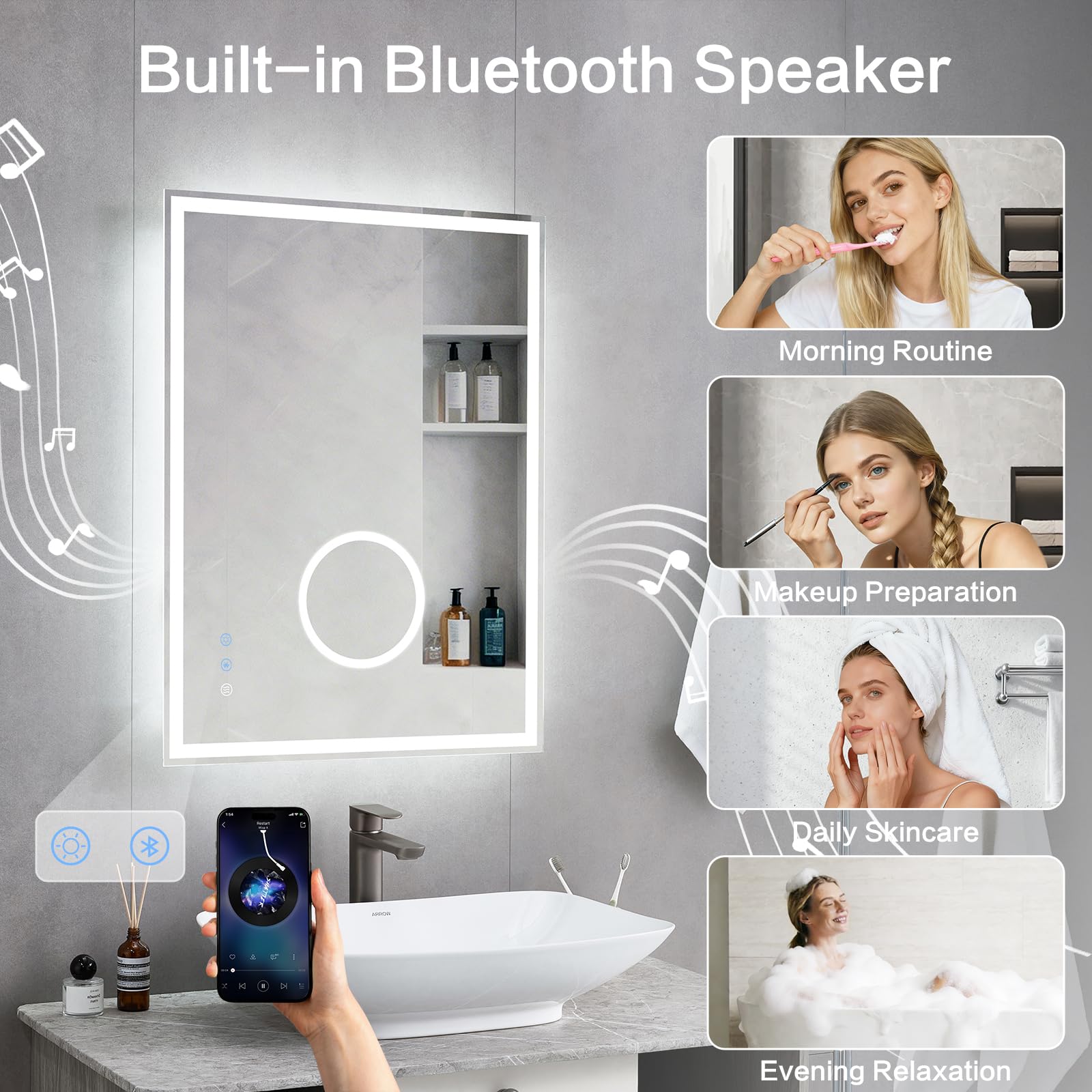 Miroir Salle de Bain avec Eclairage Bluetooth 70x50cm, Miroir LED avec Loupe 3X, Anti-buée, 3000K/4000K/6500K, Dimmable, Mémoire, IP44, Douille, Horizontal/Vertical