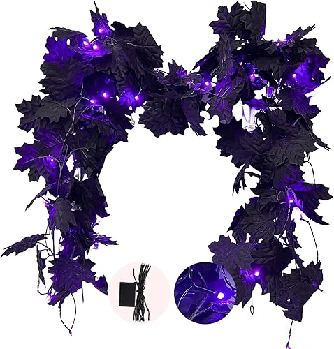 RECUTMS Hojas de arce artificiales con luces de 5.7 pies para colgar en otoño, 30 bombillas, la hoja negra para guirnalda exterior e interior