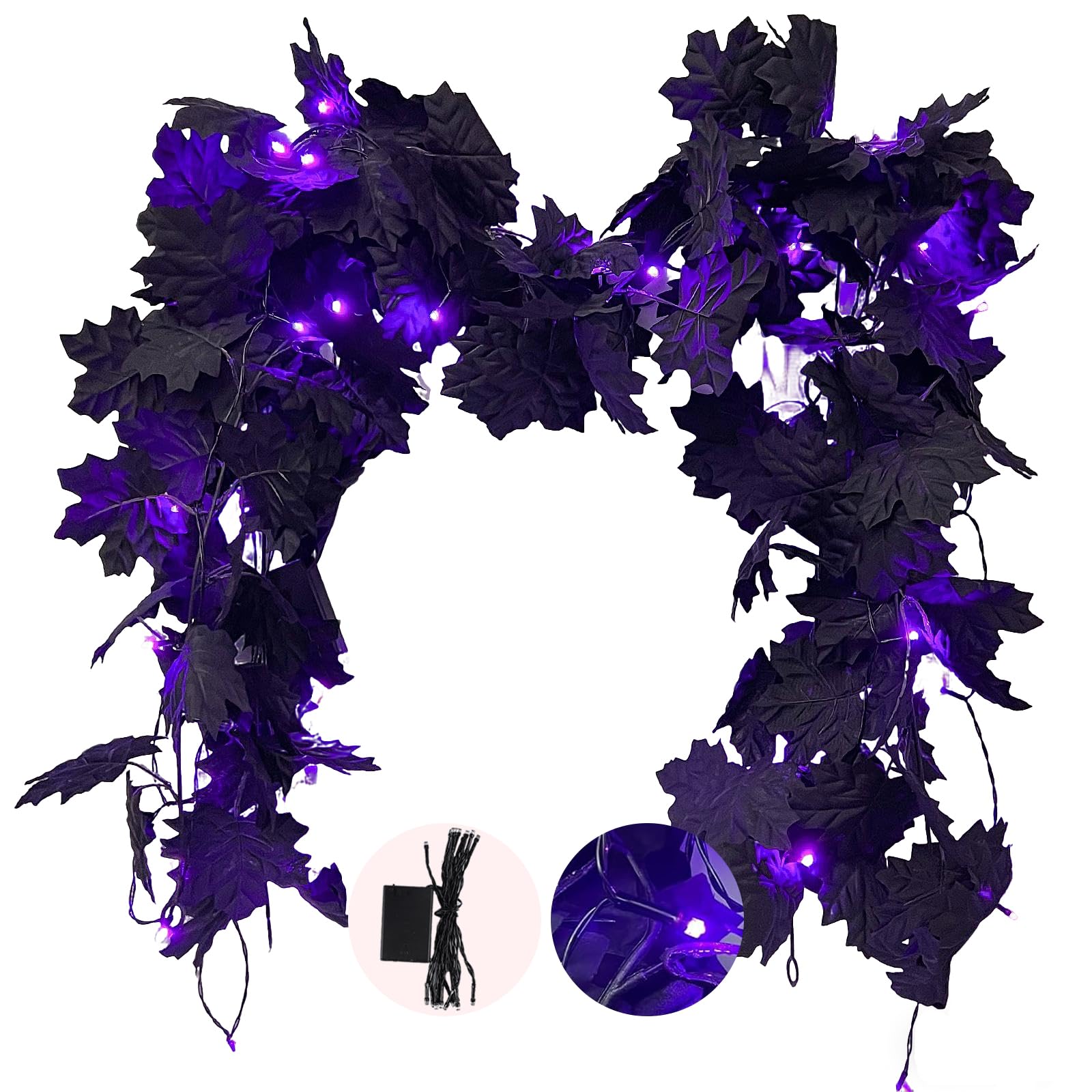 RECUTMS Artificial Maple Leaves with Lights 5.7Ft Fall Hanging 30 Bulbs The Leaf Black for Garland Outdoor Indoor