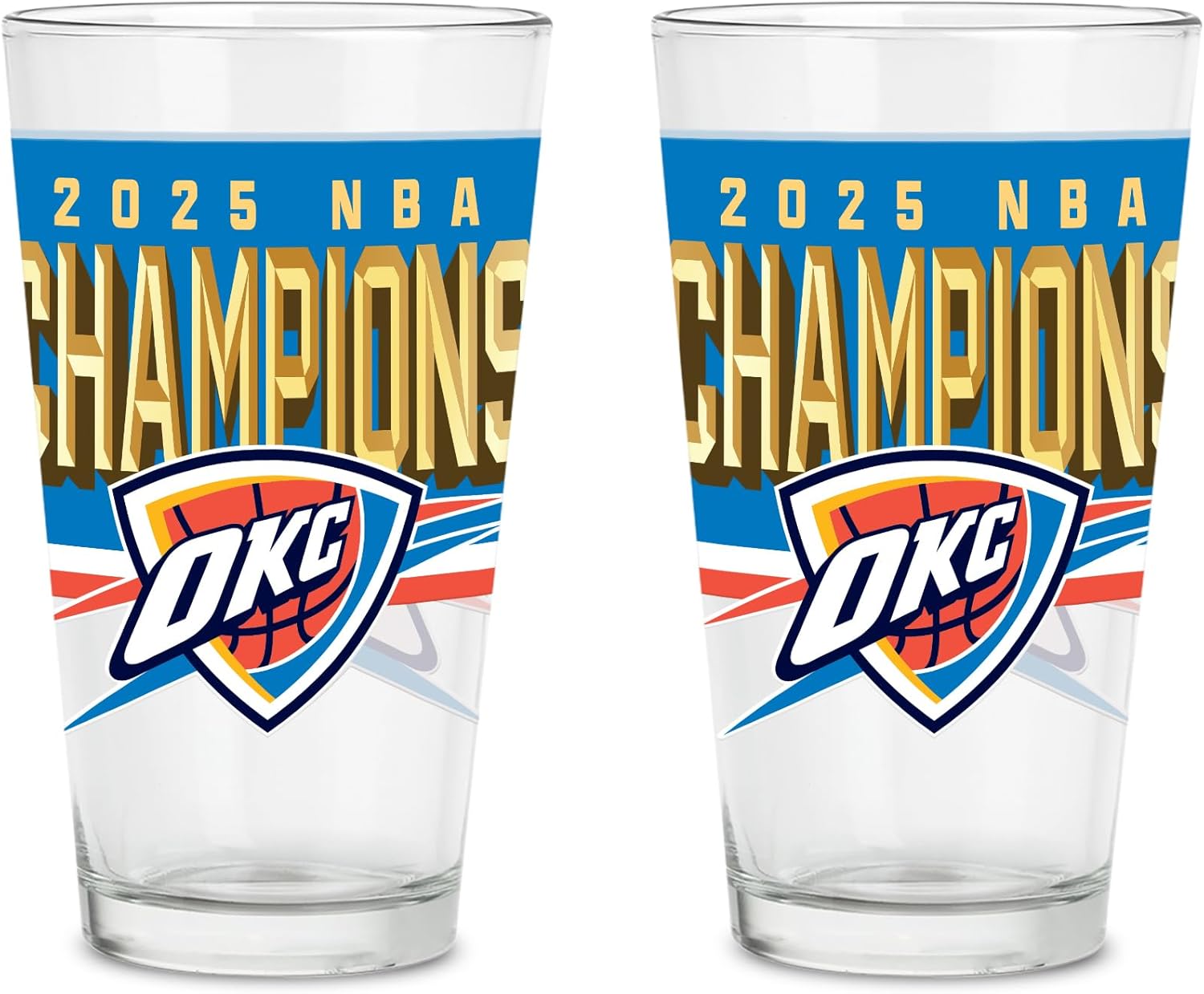 Rico Industries NBA Basketball Oklahoma City Thunder 2025 NBA Champions 16 oz Pint Glasses with Digitally Printed Logo, Practical Set of 2 Classic Drinking Glasses