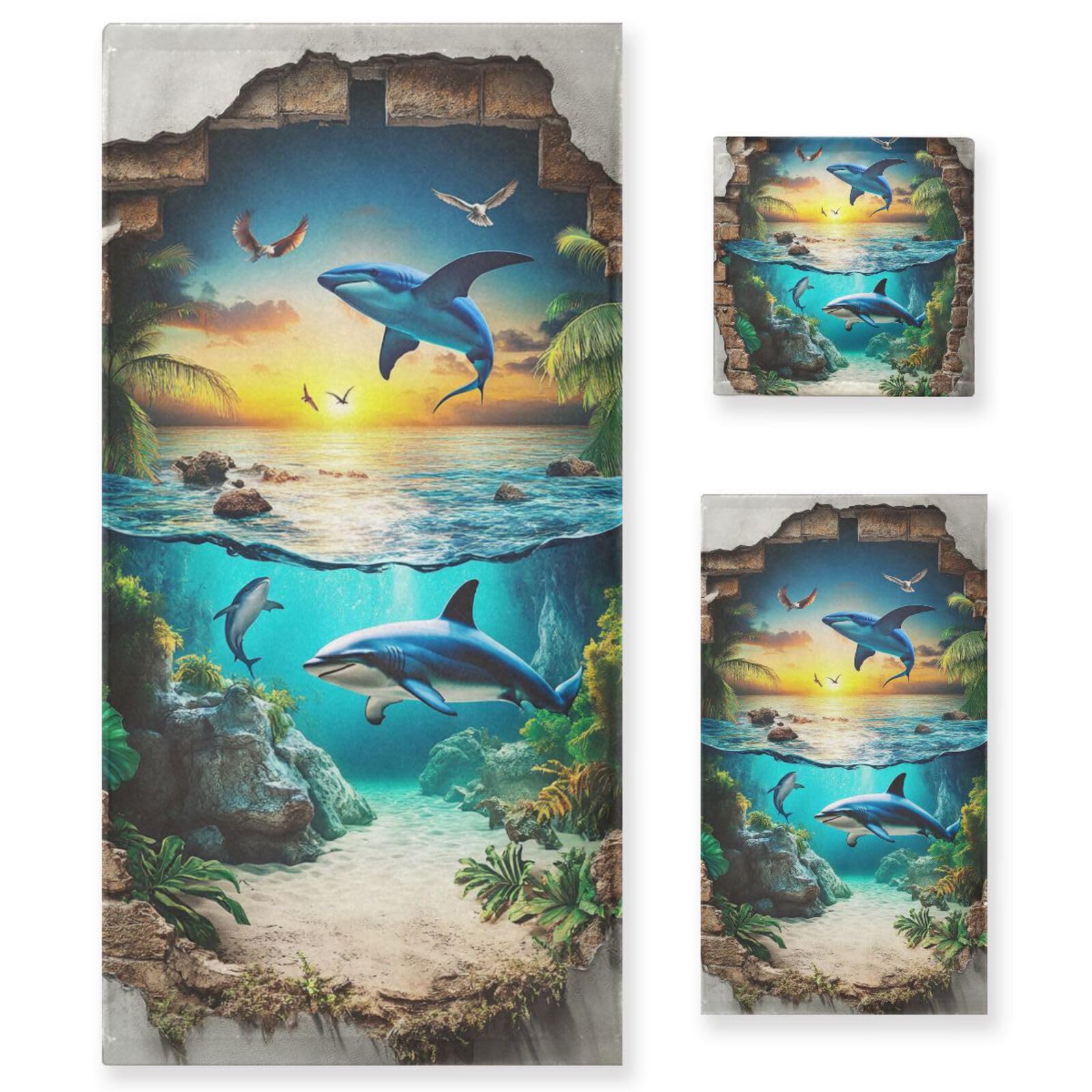 3D-Loch-Duschhandtuch-Set, weiße Wand, Ozean, Tiere, Fische, Meer, Gesicht, Handtücher, 1 Badetuch, 1 Handtuch, 1 Waschlappen für Yoga, Badezimmer, Küche
