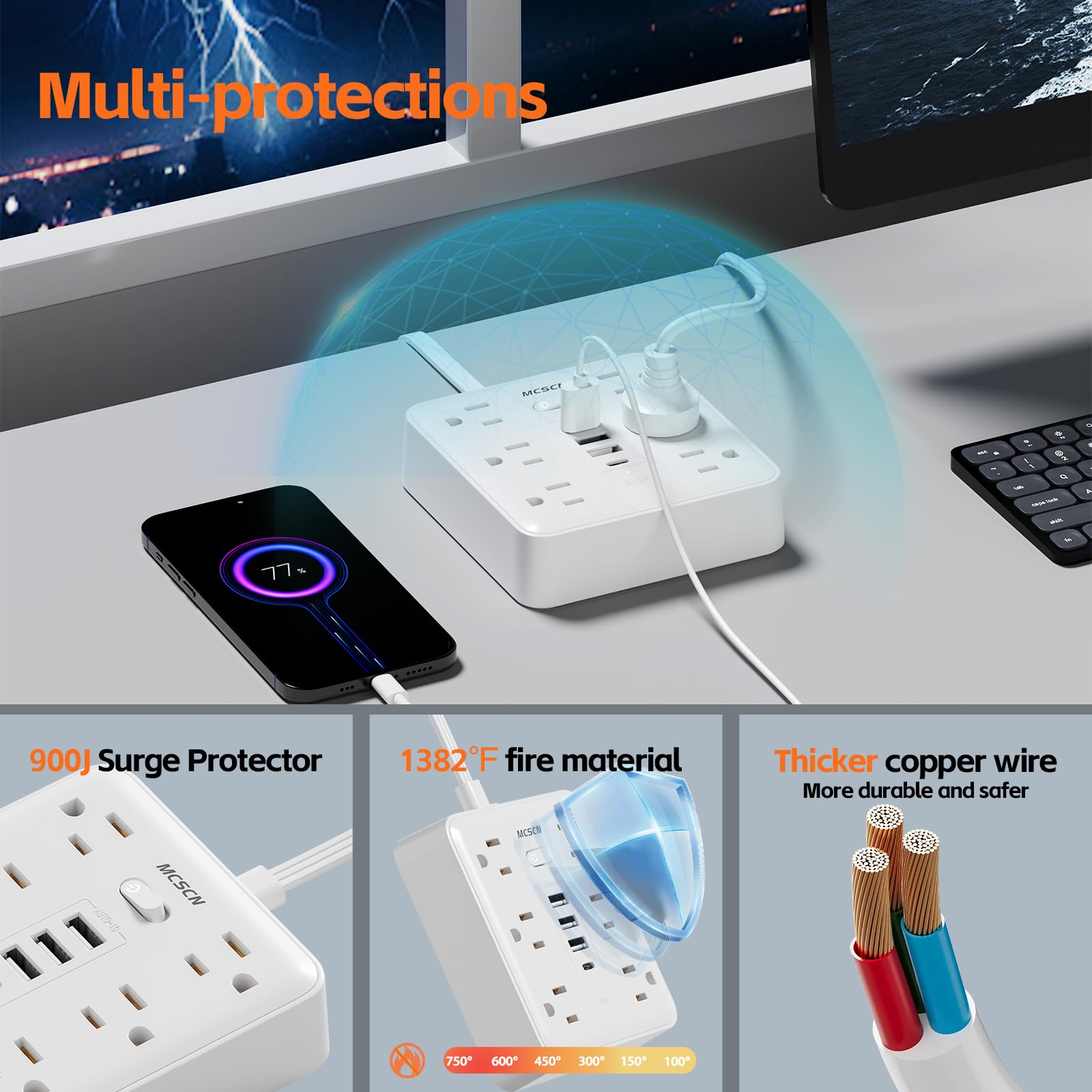 Stromleiste mit Überspannungsschutz (900J) – MCSCN – 6 Steckdosen mit 4 USB (1C) – 15 A / 1875 W – Verlängerung – ultradünner Stecker und Kabel – UL-zertifiziert – für Heimgebrauch und Computer