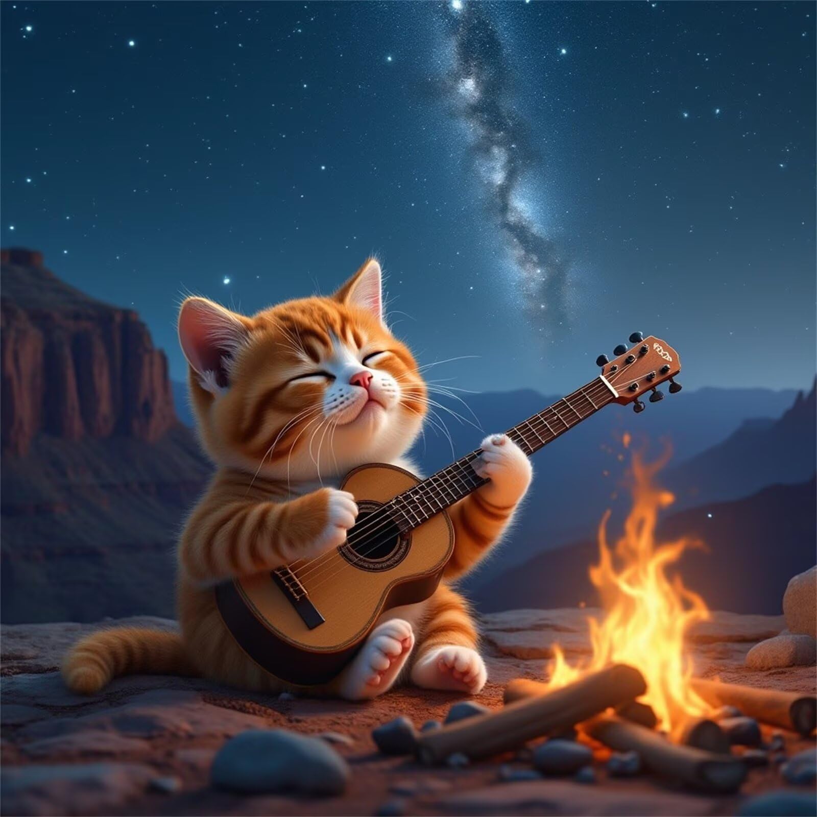 Diamond Painting Gatto con chitarra paesaggistica,Diamond Painting Kit Completo,5D Fai Da Te Adulti Strass Ricamo a Punto Croce per Soggiorno Camera da Letto Decor da Parete Punta quadrata 95x95cm