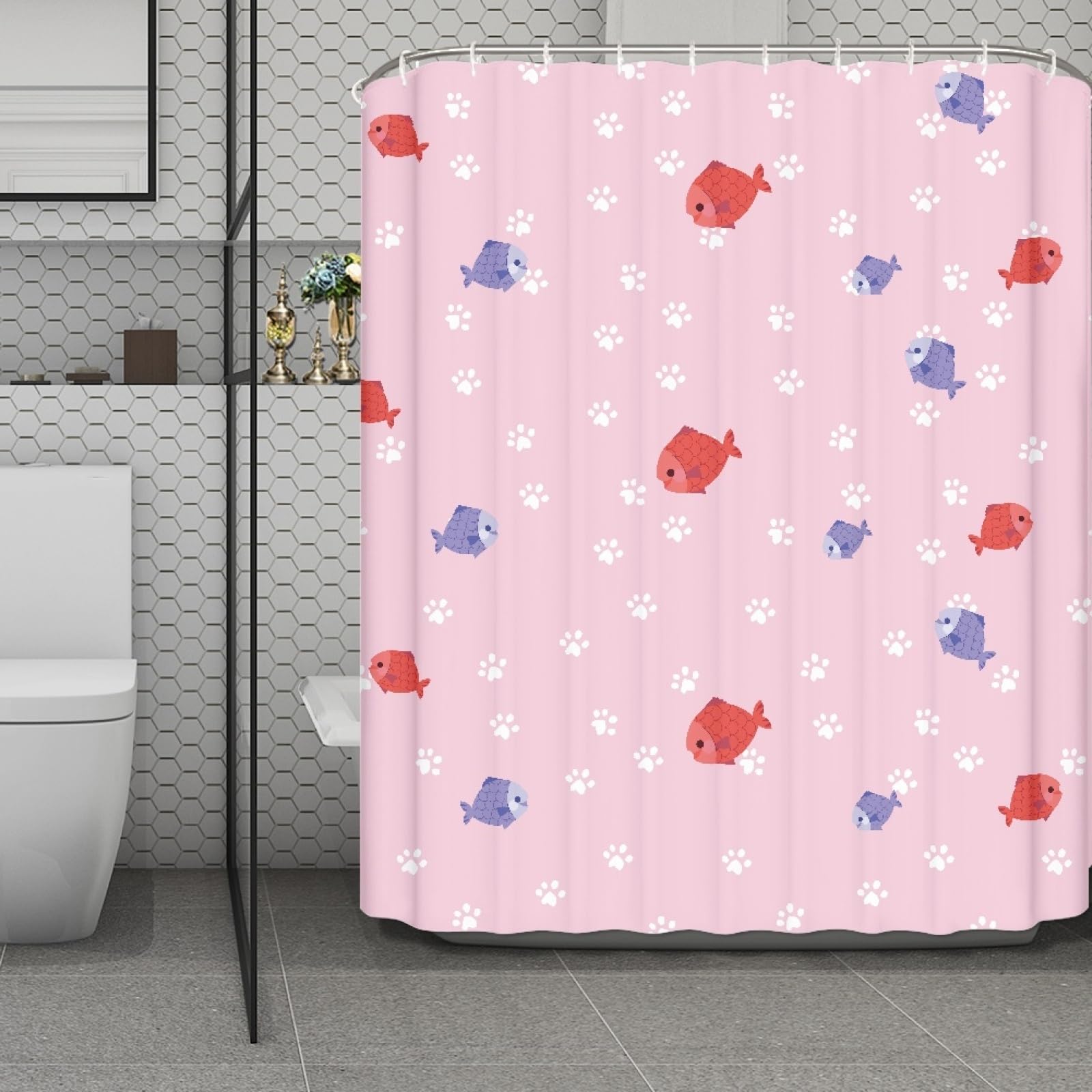 Rideau de douche anti-moisissure 200x240 poisson rouge imperméable pour stopper l'eau hors de la baignoire