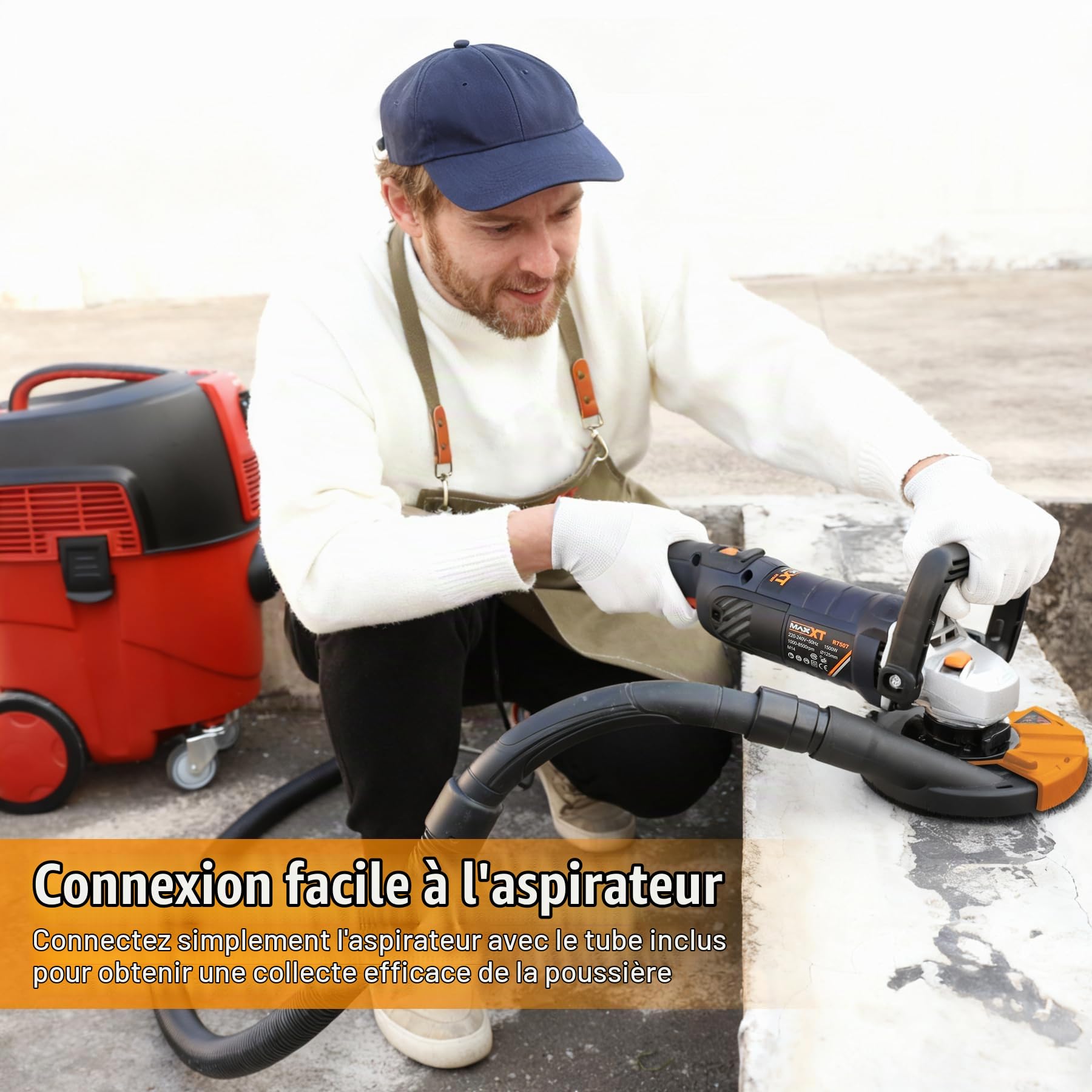 MAXXT Meuleuse d’angle pour béton, ponceuse-meuleuse avec plateau de 5 pouces, 1000–8500 tr/min, 7 vitesses réglables, protection amovible pour le polissage (inclut 2 disques diamantés)
