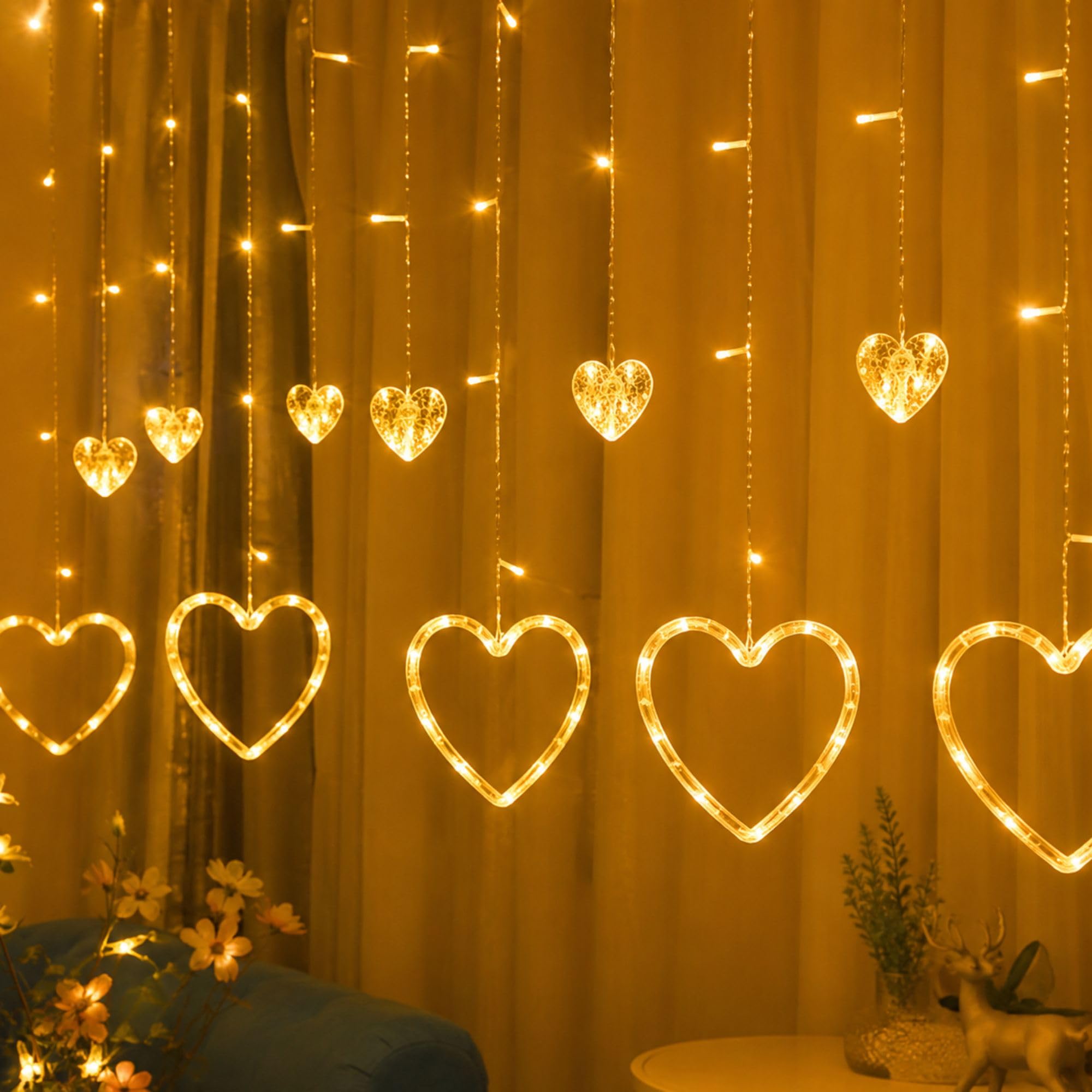 KHIZAR 6+6 Heart LED Curtain Lights for Room Decoration – Romantic Hanging LED Hearts for Wall, Window, Wedding, Bedroom, Party Decor (Warm White)-image-7