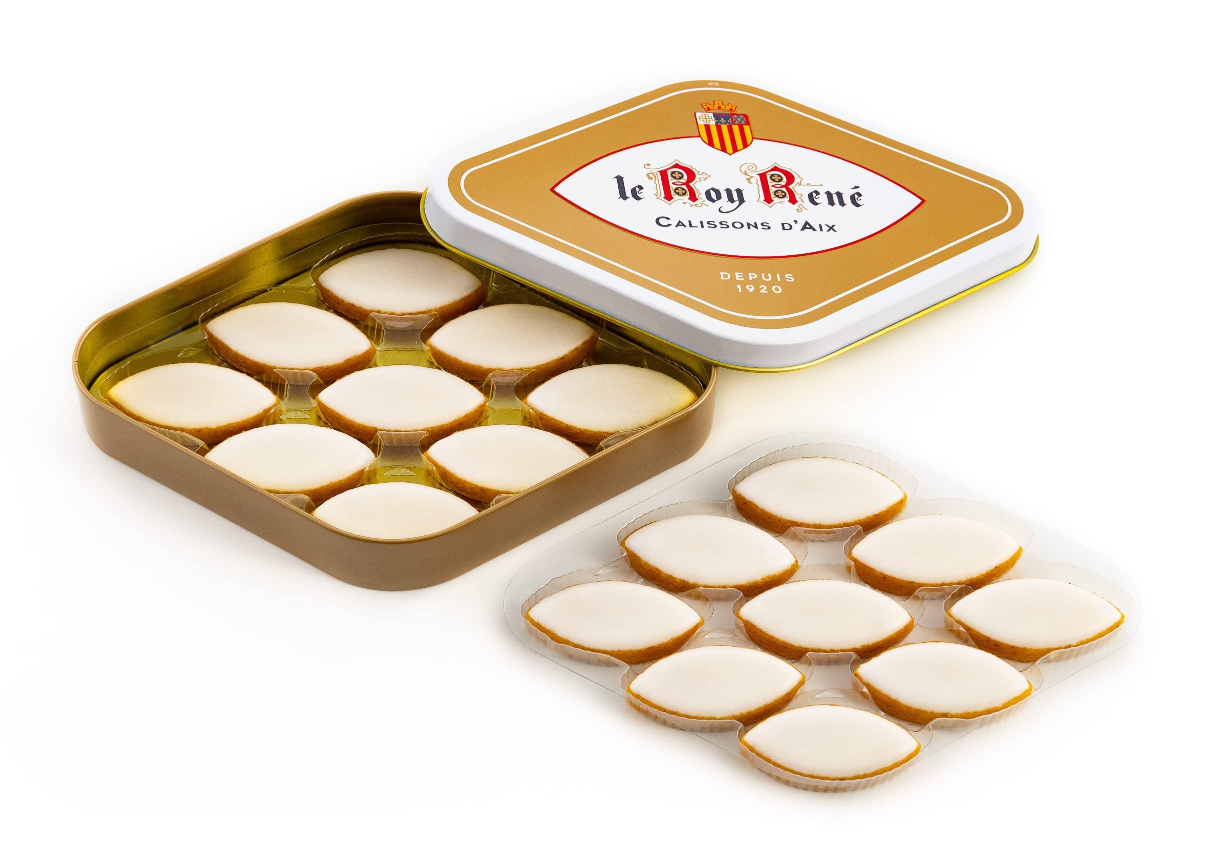 LE ROY RENÉ Epicerie Fine – Calissons de Aix en caja rombo oro tradición metal: (lote de 1, 18 calissons – Caja de 235 g)