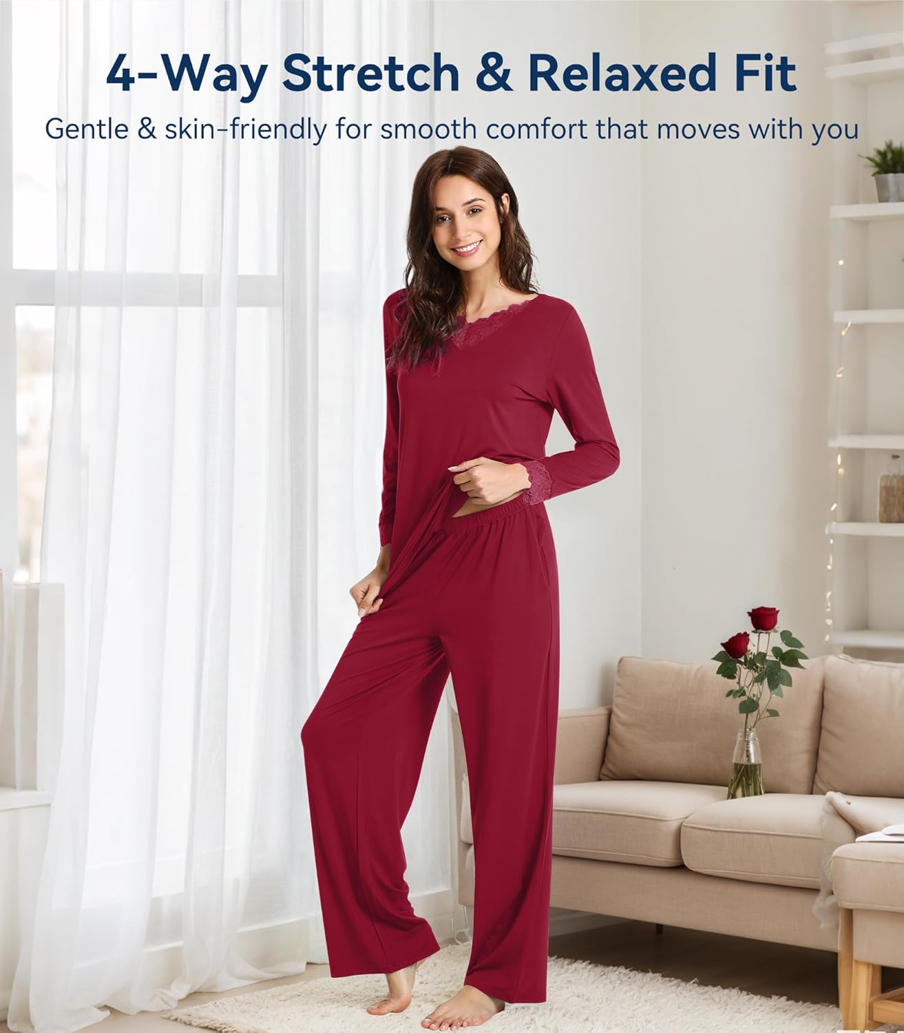 WiWi Bamboo Viscose Pajamas Sets for Women Lace Trim Long Sleeve Sleepwear Lounge Sets Plus Size Pjs with pockets S-4X - Image 2