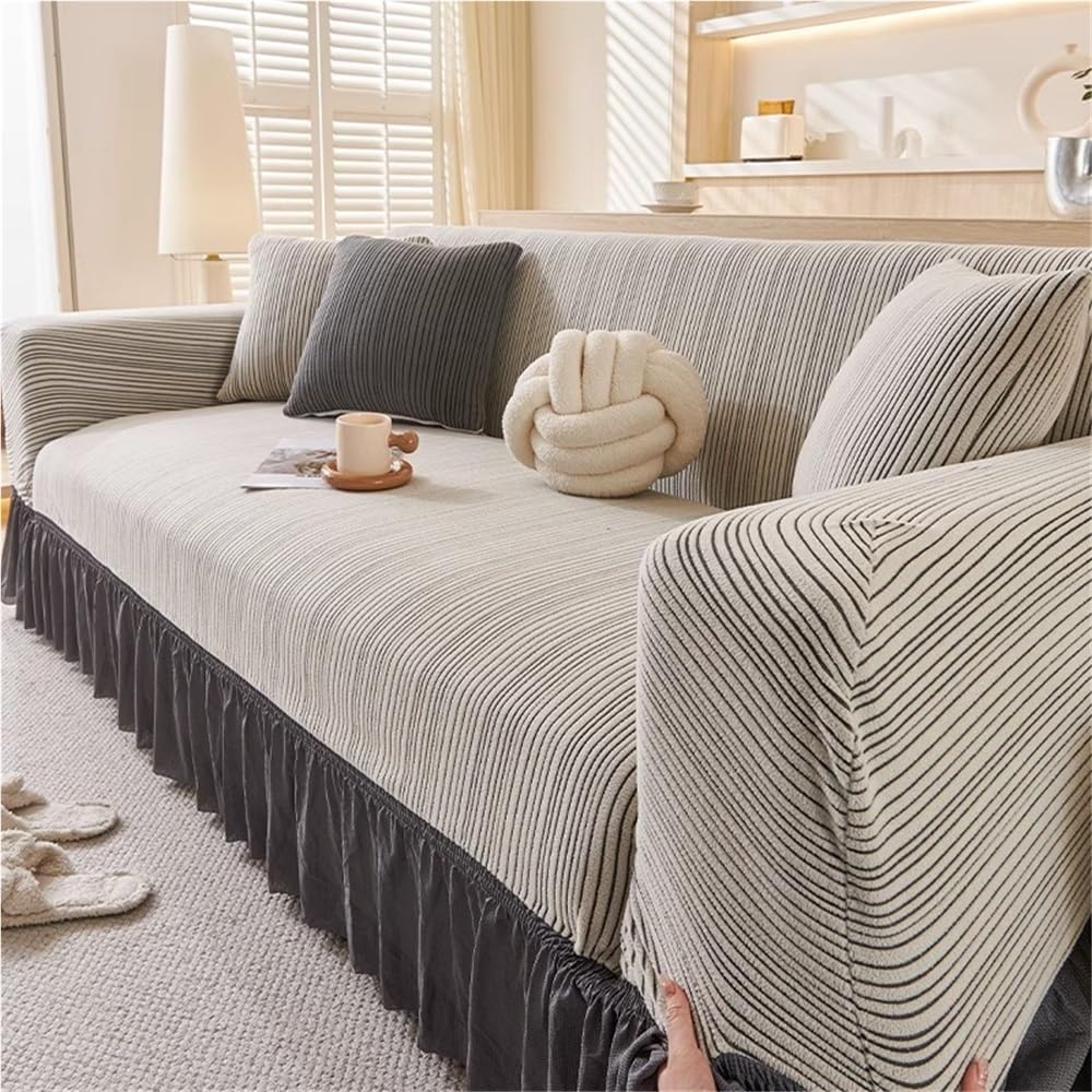 Housse de canapé extensible pelucheux anti-tache avec jupe plissée pour fauteuil 90-140cm