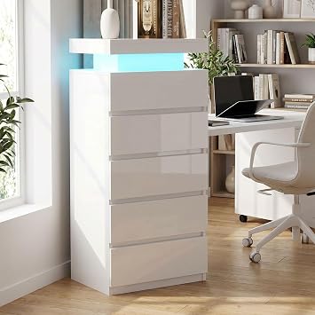 LSLIFE White Chest of Drawers with LED Lights High Gloss 5 Drawer Chest of Drawers Dresser Storage Cabinet Sideboard Cabinet for Bedroom Living Room Office 5 Drawer Chest