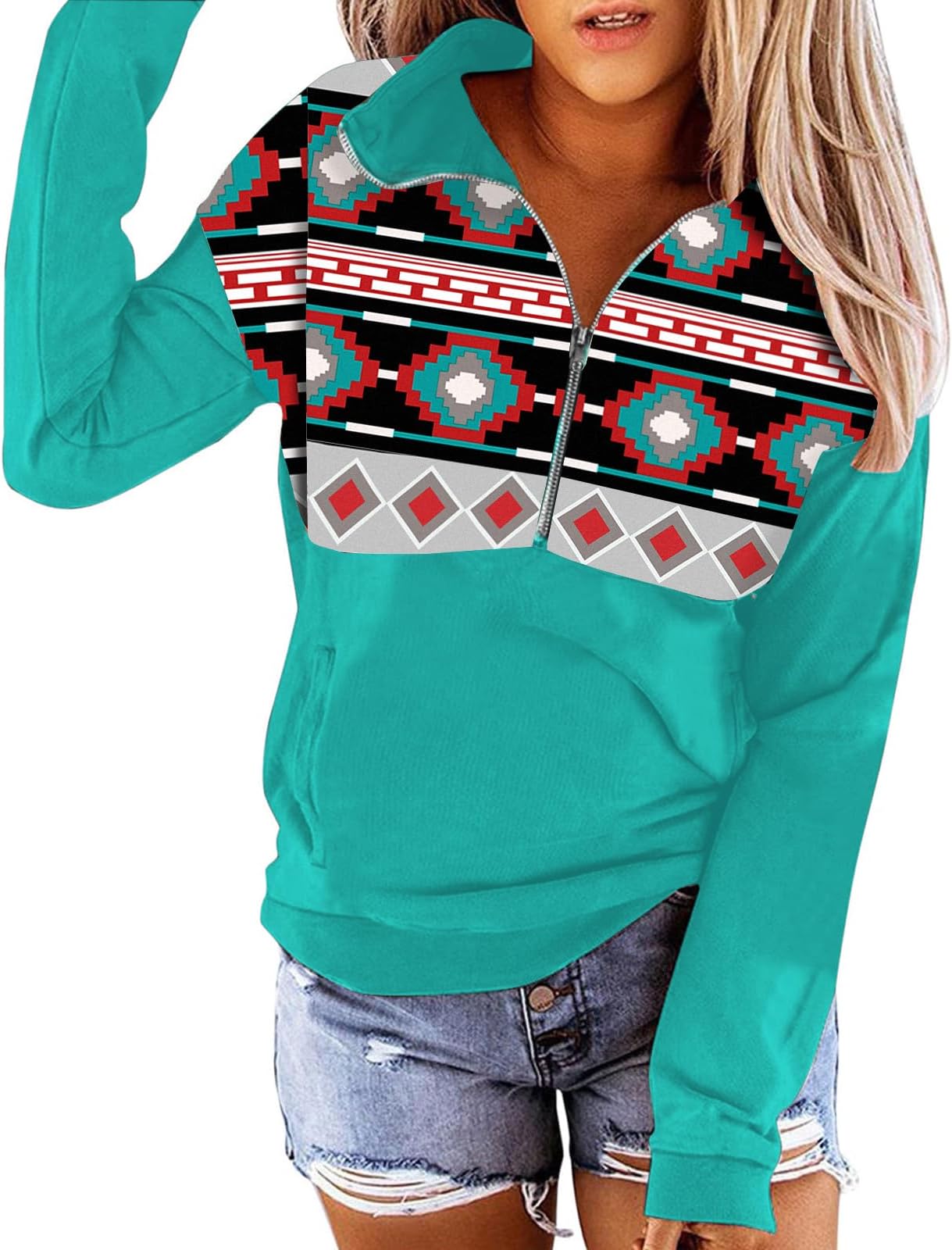 Women's 2024 Casual Aztec Cow Print Zipper Collar Pullover Sweatshirt Western Cowgirl Ethnic Style Hoodies