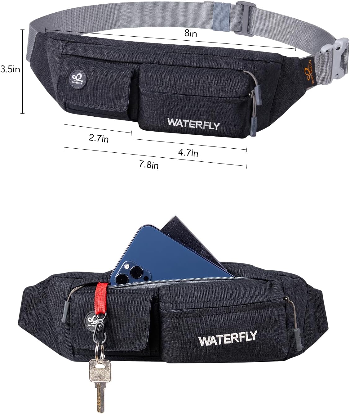 WATERFLY Fanny Pack for Women Men Water Resistant Small Waist Pouch Slim Belt Bag with 4 Pockets Lightweight Crossbody Chest Bag Fit All Phones, 11.02 x 2.1 x 4.3 inch - Image 5