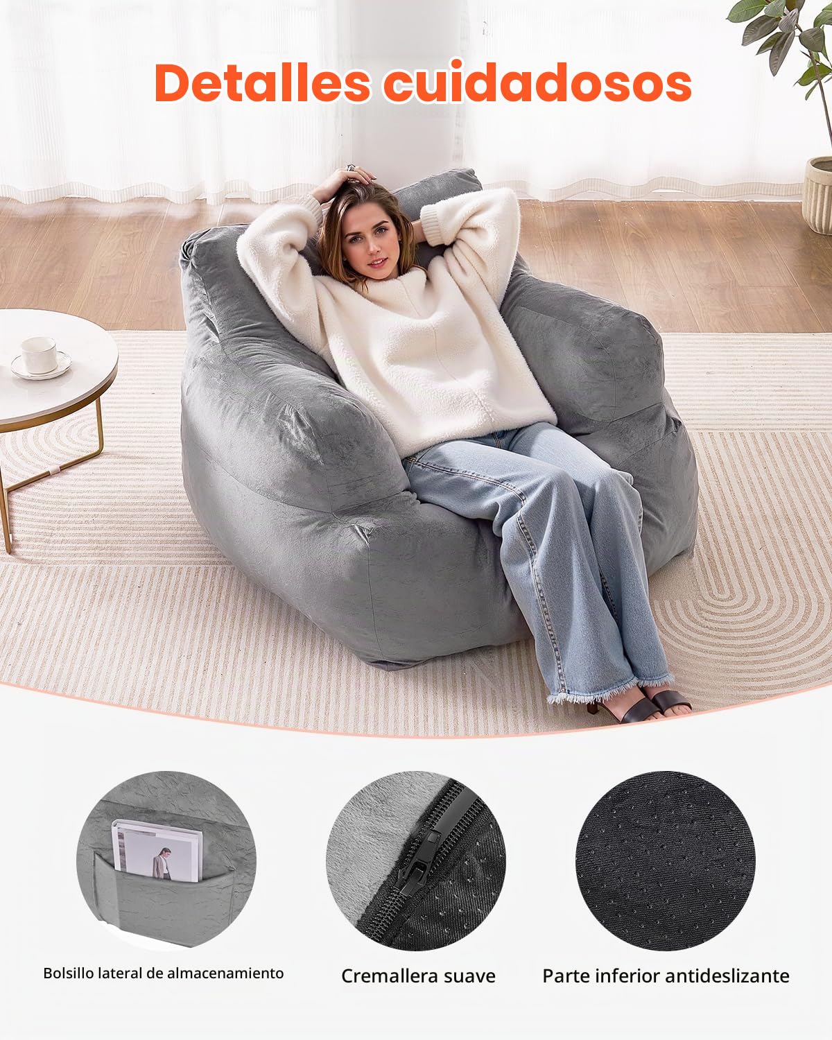 VEVOR Sillón Puff 1118 x 1143 x 780 mm con Reposabrazos para Adultos, Relleno de Felpa Esponjosa y Espuma de Alta Densidad, Sillón Puff para Adultos con Zapper para Sala de Estar, Dormitorio, Gris