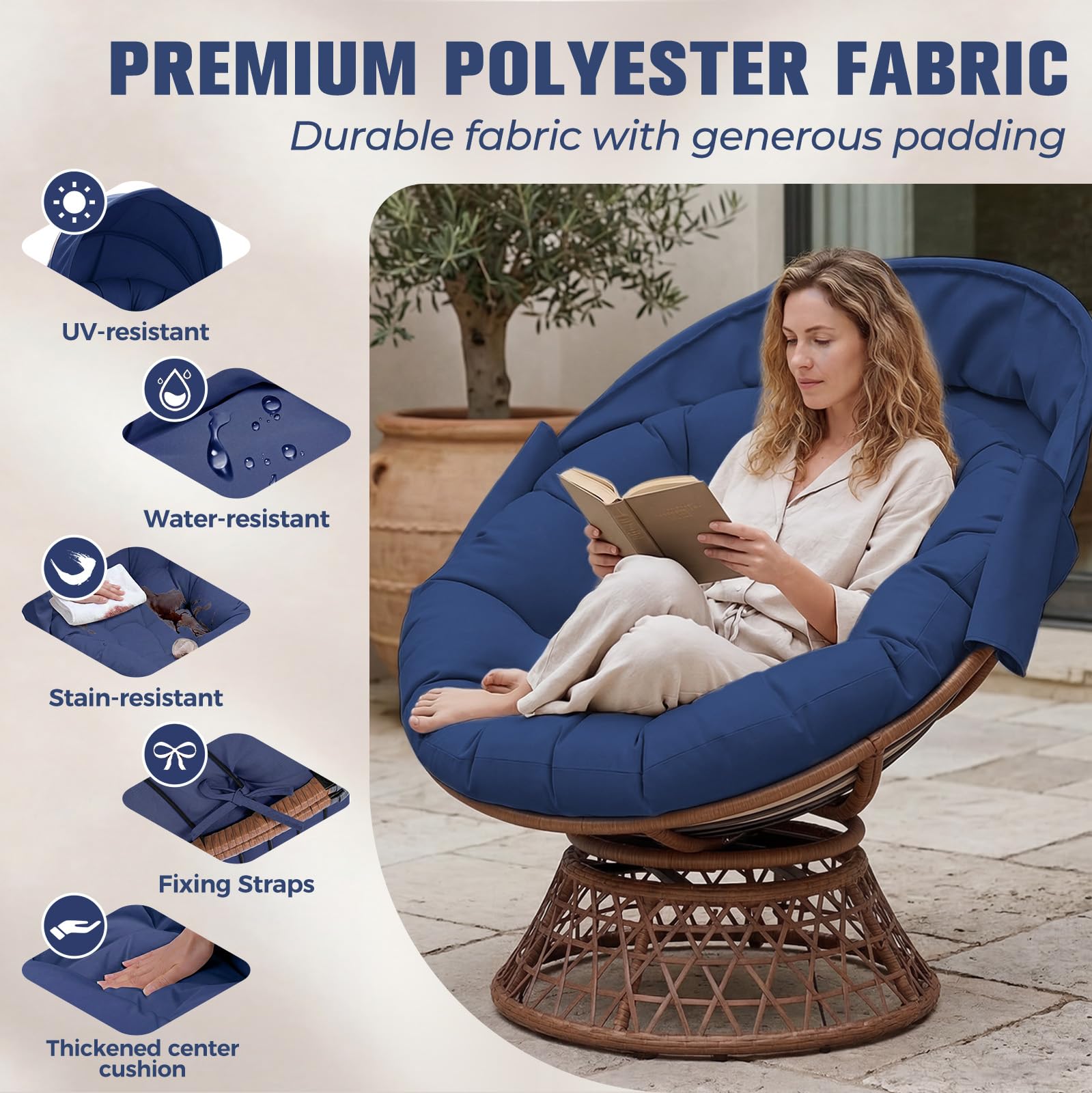 COMHOMA Poltrona da papasan, comoda poltrona girevole con cuscino rotondo, comoda poltrona in rattan, girevole, in vimini, per soggiorno, angolo lettura, lounge – blu