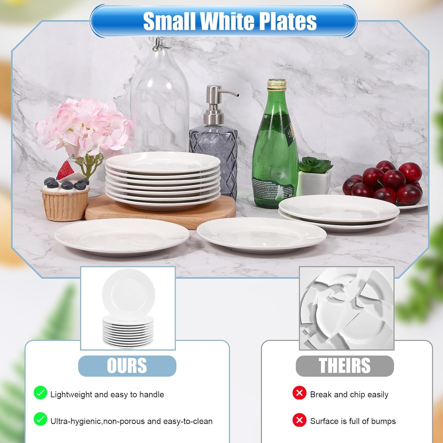 12 platos de postre de porcelana, platos pequeños para aperitivos, platos blancos pequeños de 10 pulgadas, platos pequeños para aperitivos, platos de ensalada blanca, juego de platos de