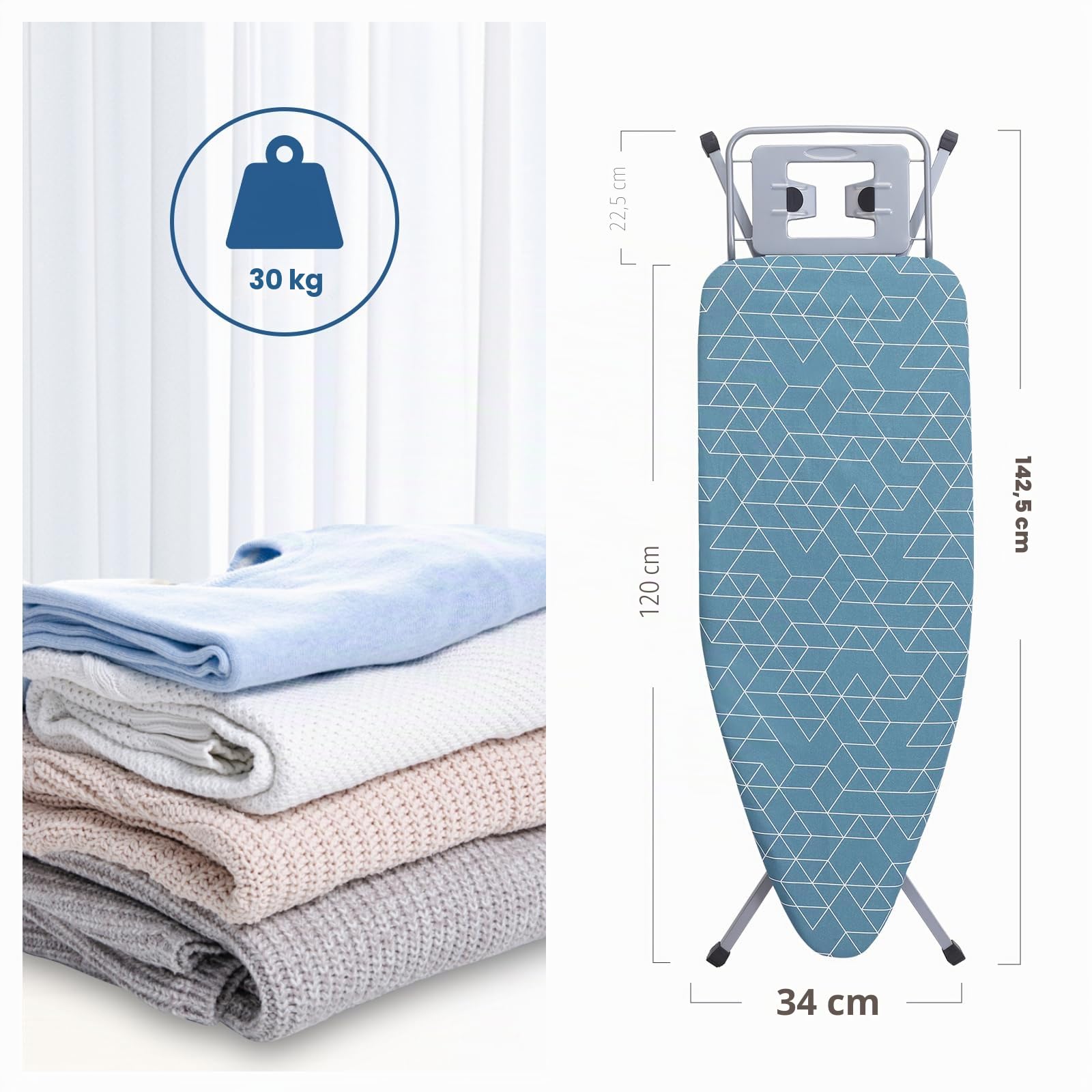 DEWINNER Asse Da Stiro Pieghevole 120 x 45 cm,Fodera Geometrica Alla Moda In 100% Cotone,Chiusura Sicura, 7 Livelli Di Regolazione Dell'altezza (Bleu géométrique, 120 * 45CM)