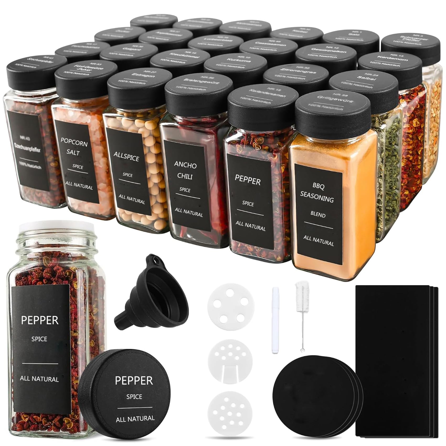 Lot de 24 bocaux à épices avec insert à saupoudrer de 120 ml + 192 étiquettes étanches - Bocaux à épices hermétiques carrés - Saupoudreur à épices en verre - Spice Jars Set - Bocaux à épices