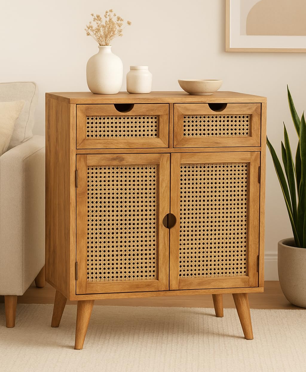 MANGO TRUNK Wooden Lorena Rattan 02 Door and 02 Drawer Cabinet with Light Natural Finish | Storage Unit | Solid Wood | Cane Webbing | Living-Room Furniture | Best Furniture for Home | 90X40X110 cms-image-44