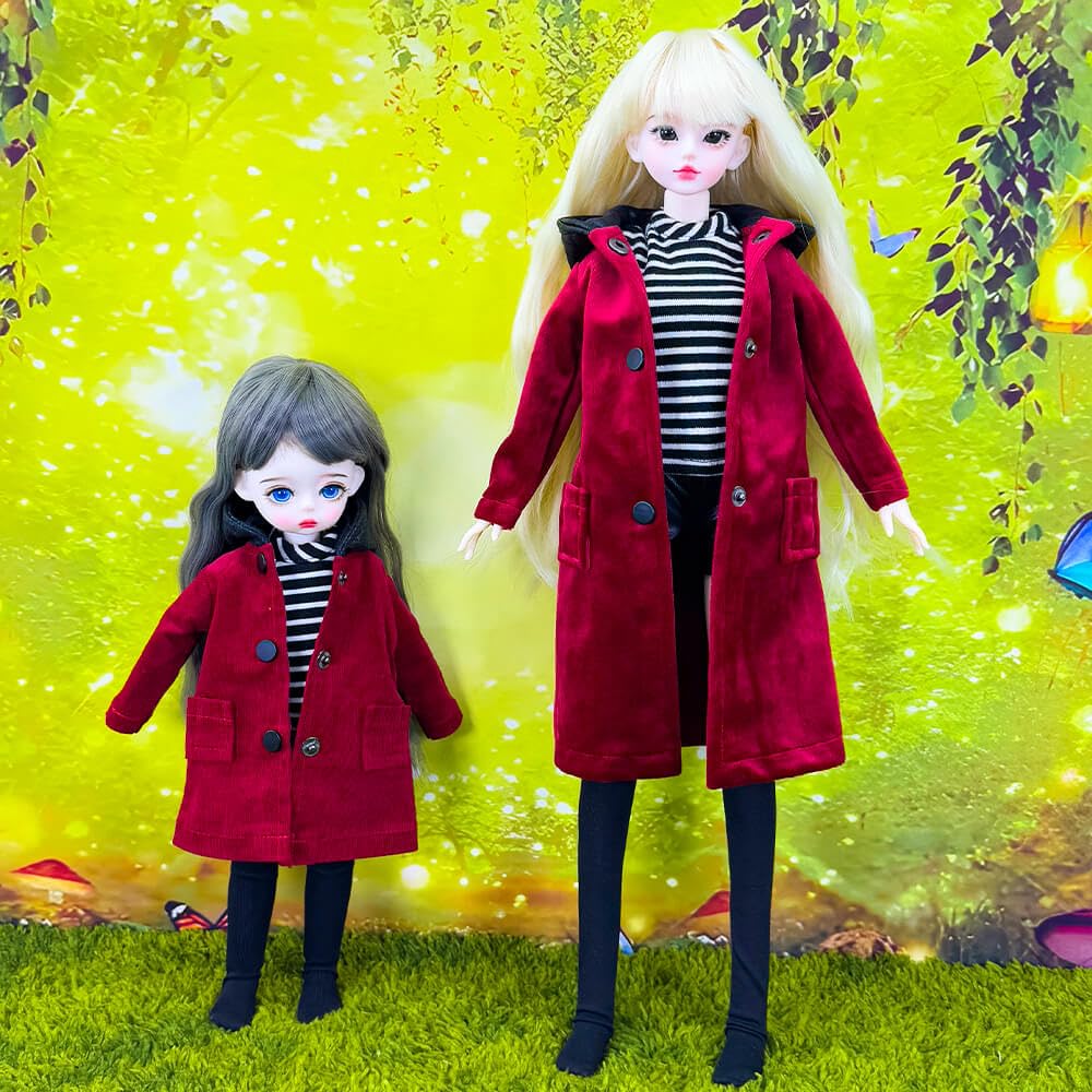 niannyyhouse 1/3 1/4 1/6 BJD vestiti per bambole bordeaux cappotto a righe t-shirt pantaloncini in pelle calzini con giuntura sferica accessori per bambole regalo per vestire (1/4BJD)