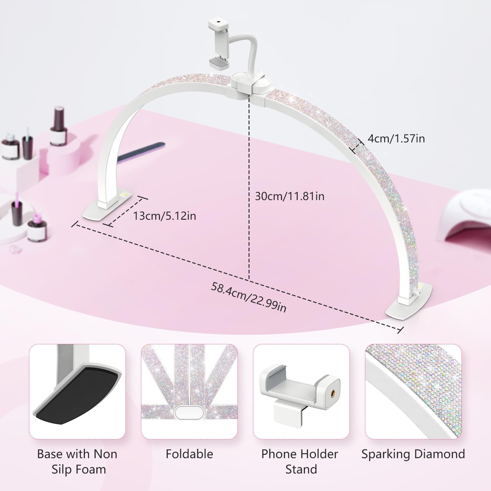 Half Moon Light for Nail Desk: 23" Arch Light for Nail Techs with Phone Holder for Beginner - Image 4