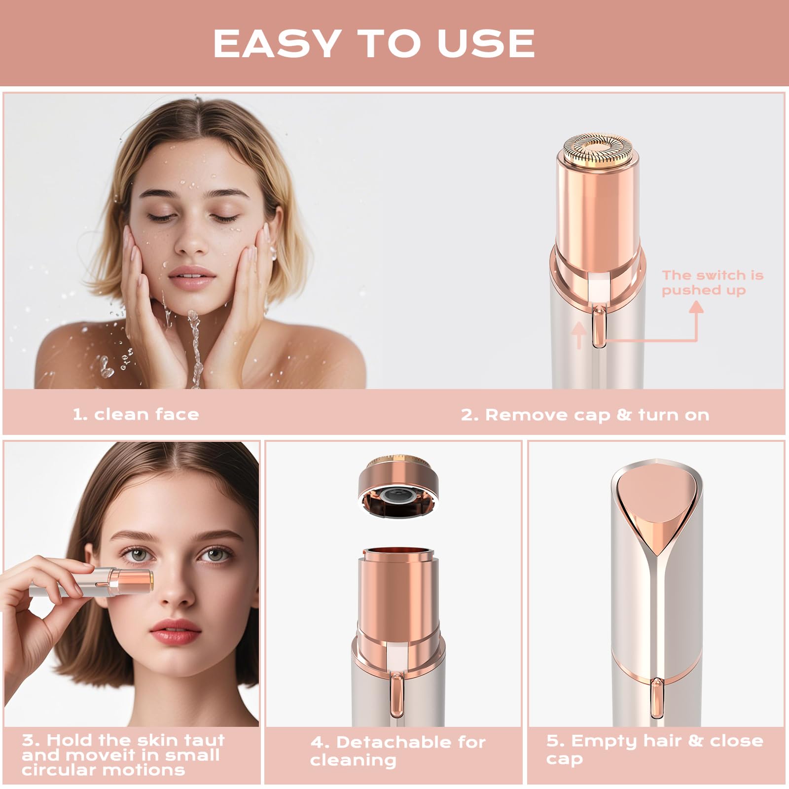 Depilación facial para mujeres, removedor de vello facial eléctrico sin dolor recargable para la cara para labios, barbilla, axila, melocotón fuzz, dedos, cuello, mejillas y recargable por USB 7
