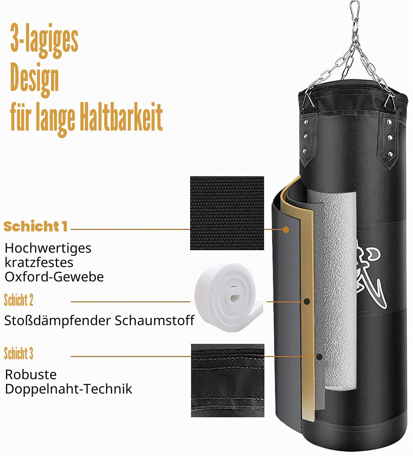 Schwerer Boxsack für Erwachsene Jugendliche Kinder mit Indoor/Garten Boxsack Ungefüllter Boxsack Set mit Boxhandschuhen, Wraps, Kette, Deckenhaken für MMA, Kickboxen, Muay Thai, Karate, Taekwondo