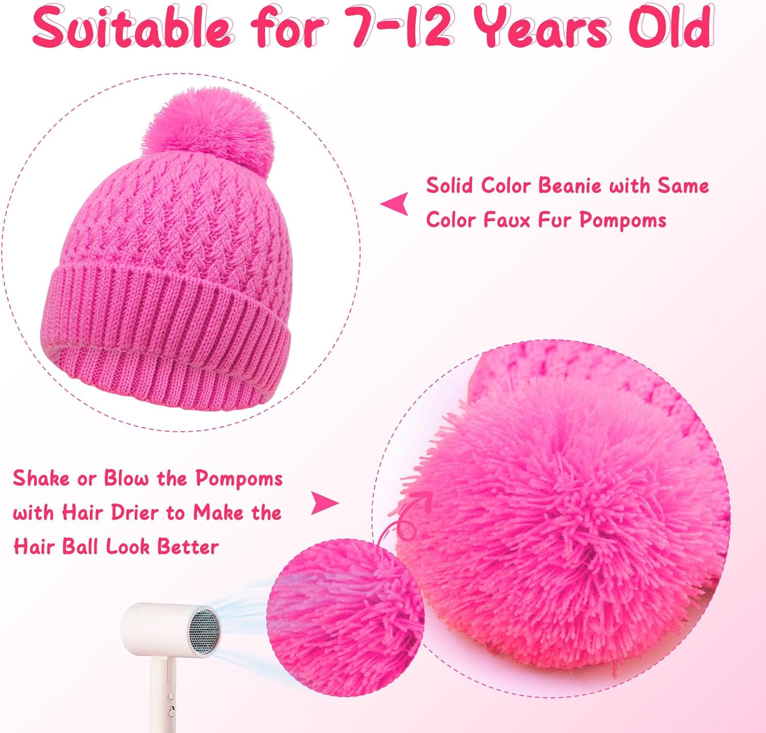 Winter Hat for Kids Children, Girls Beanie with Pom Pom, Girls Accessories Knit Beanies Cap Age 7-12 - Image 4