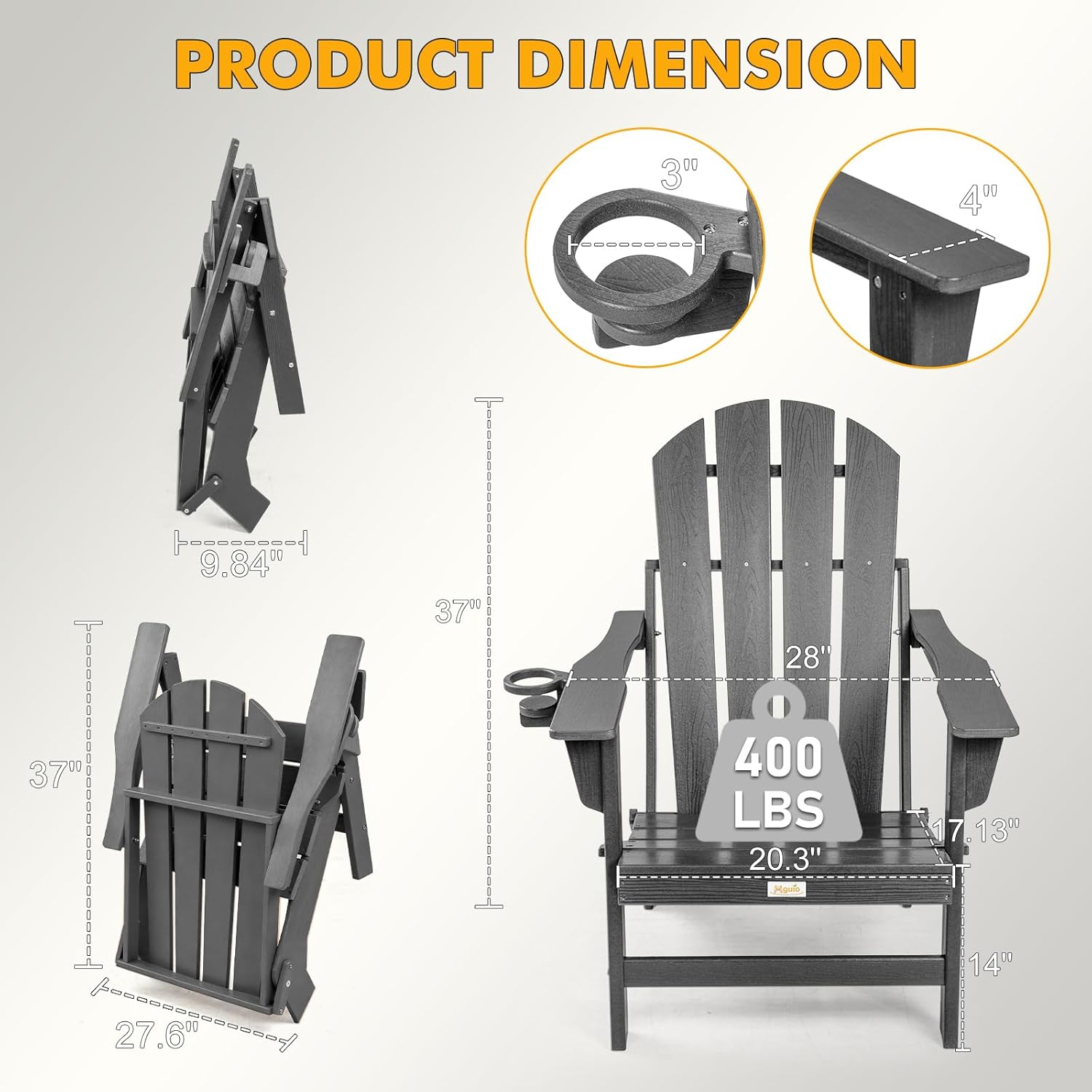 Folding Adirondack Chairs Set of 4, All Weather Stable Gun-Leg Design Fire Pit Chairs with Cupholder for Outside