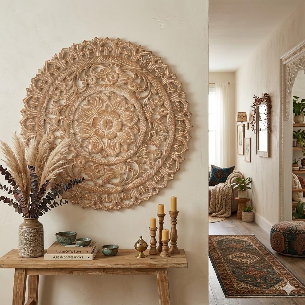 Medallion Tropical Bali Floral Wood Carved Wall Art Plaque. Round Lotus Flower Rustic Home Decor. 24" (Tropical, White Wash, 24Wx24H)