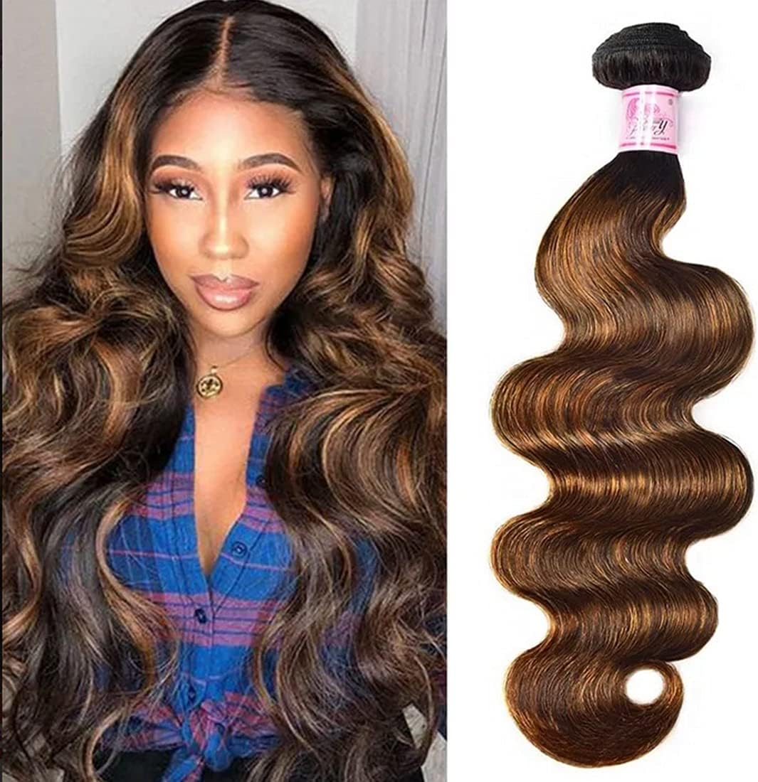 Beauty Forever #FB30 Color Brazilian Body Wave Hair Weave, 24 Inch One Bundle Highlight Ombre Color Unprocessed Virgin Remy Human Hair Extension