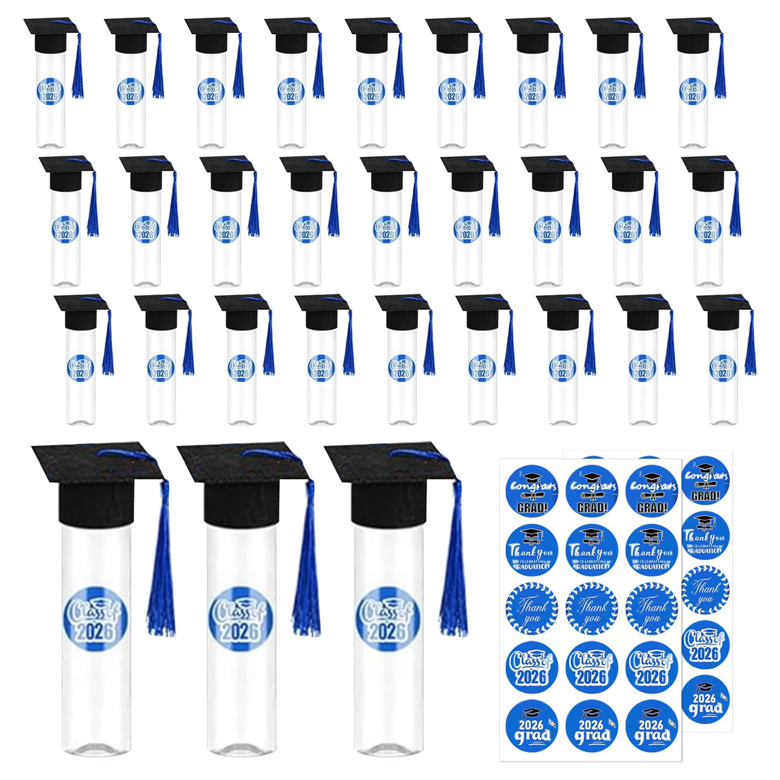 30 Pcs Graduation Candy Boxes 2026, Plastic Grad Cap Jars with Tassels & Stickers, Party Favors for DIY Grad Table, Class of 2026 Leavers' Treat Containers (Blue)