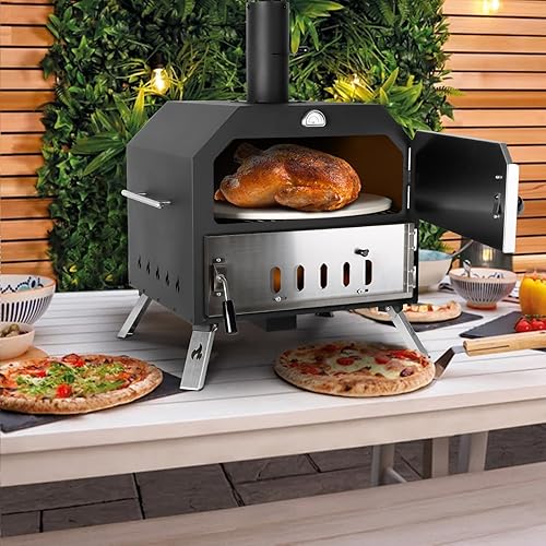 Miniatura 5 de Horno de pizza al aire libre de 15 pulgadas, horno de pizza portátil para patio, incluye piedra para pizza, cáscara de pizza, patas plegables,