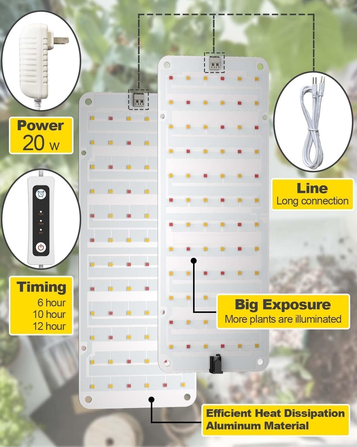 Grow Light,20W Ultra-Thin LED Grow Lights for Indoor Plants Full Spectrum, 6/10/12H Timer Plant Light, 132 LEDs Under Cabinet Plant Growing Lamp Strip for Seedlings, Veg, Flower 3-Pack