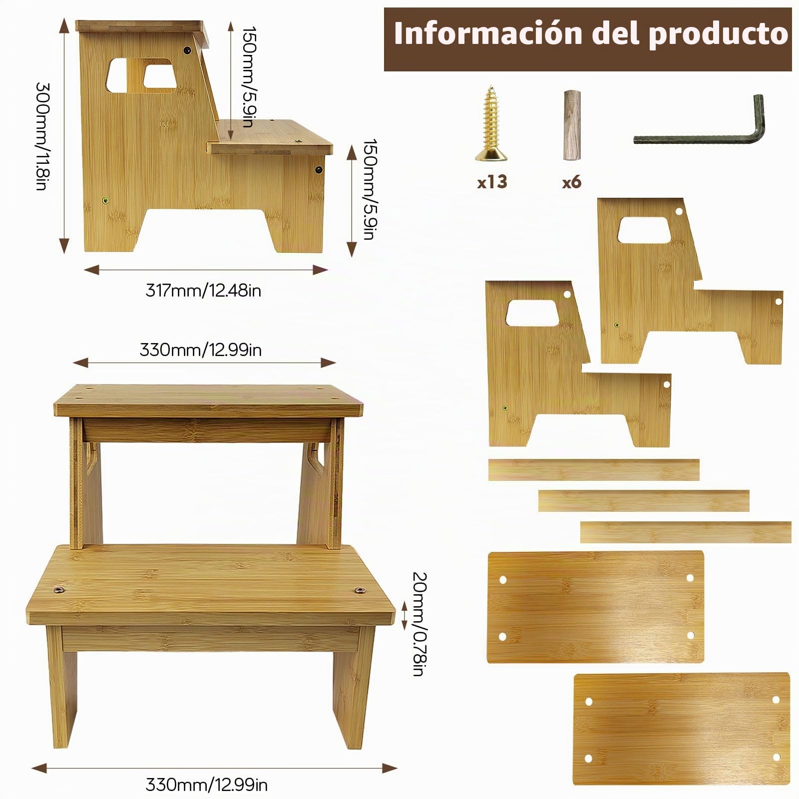 Escalera Madera 2 Peldaños Antideslizante Baño Cocina