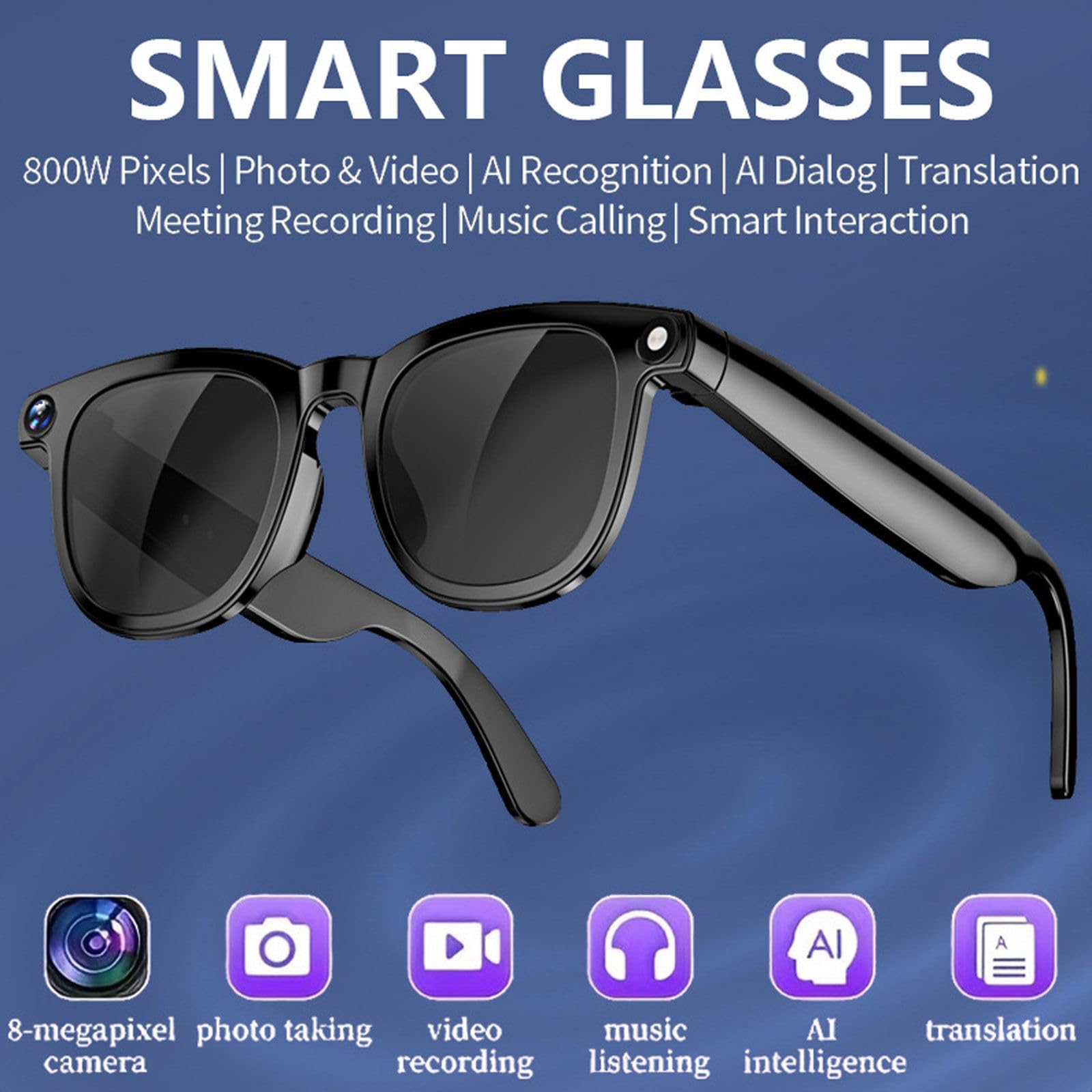 Lunettes Intelligentes AI Avec Caméra, Photos 4k / Vidéo 1080p/ Traduction En Temps Réel/Bluetooth 5.3, Pour Hommes Et Femmes Cyclisme Randonnée Voyages Affaires Et Vidéos
