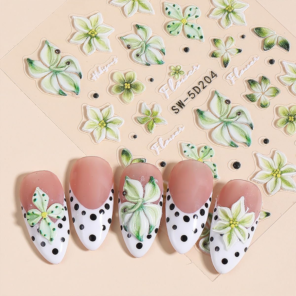 5D Embossed Green Flower Nail Art Stickers Green Lily Flower Nail Decals Self-Adhesive Cute Spring Floral Nail Design Stickers Spring Summer Nails Art Supplies for Women Acrylic Manicure Decorations image 2