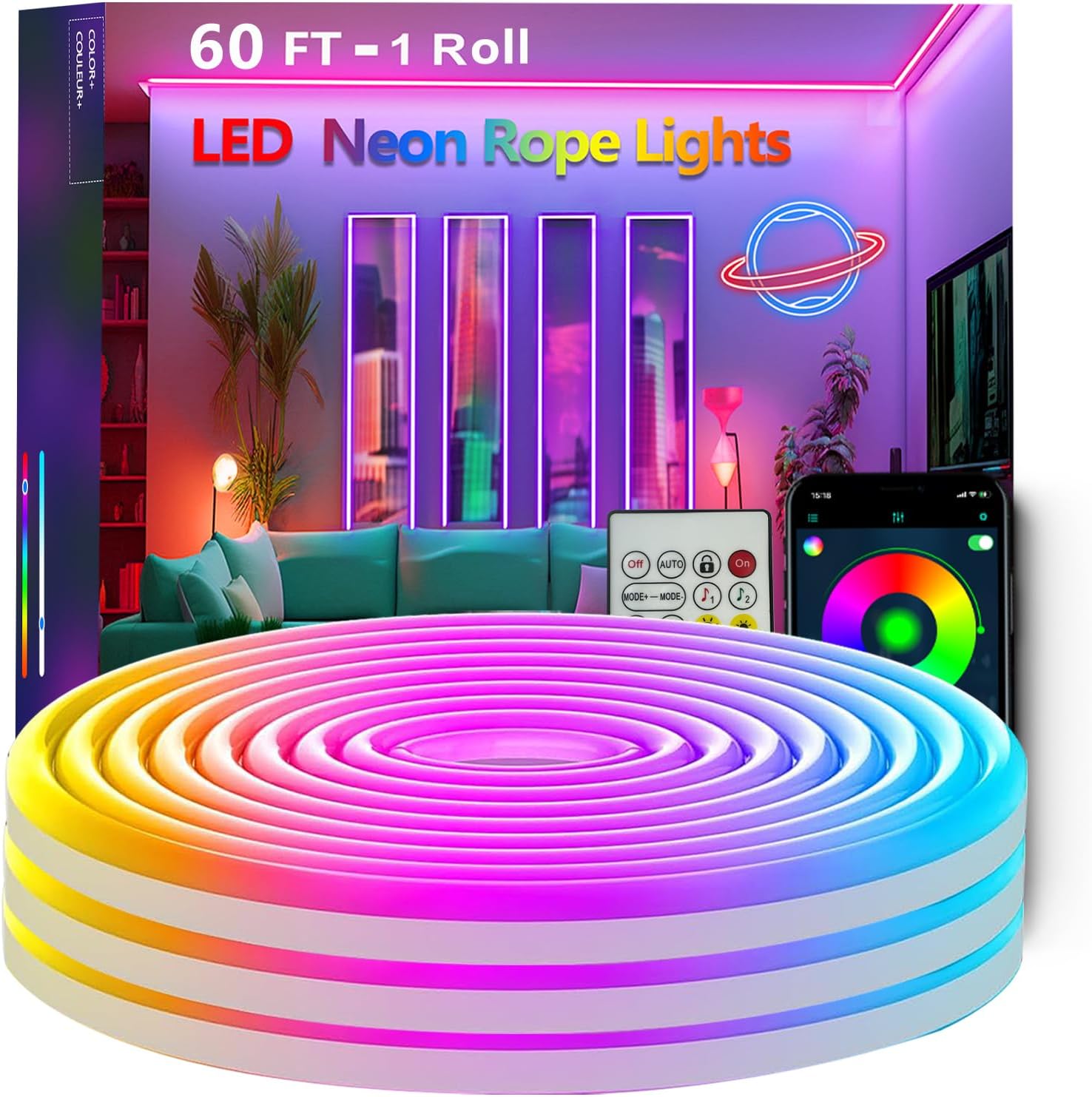 60FT Neon Rope Lights,Flexible Led Rope Light Control with App/Remote,Multiple Modes,Music Sync,IP65 Outdoor RGB Led Strip Lights Waterproof 60FT-Neon Rope Lights