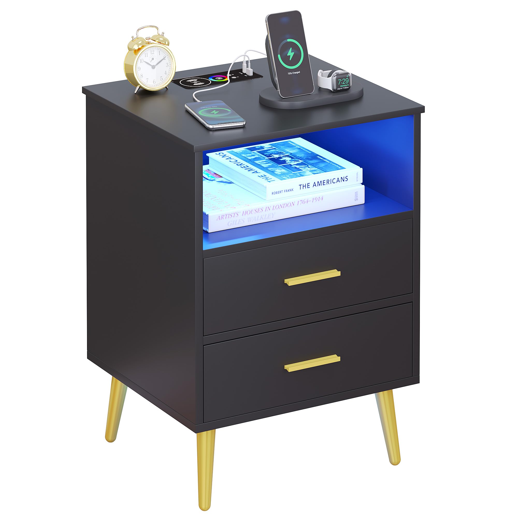 Nightstand with LED Lights, Modern Bedside Tables, Night Stand with 2 Drawers and Open Shelf (Black)