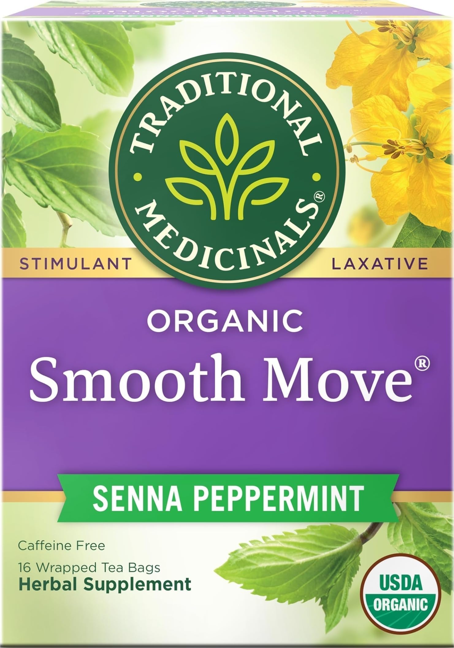 Organic Smooth Move Senna Peppermint Herbal Tea, Relieves Occasional Constipation, (Pack of 1) - 16 Tea Bags