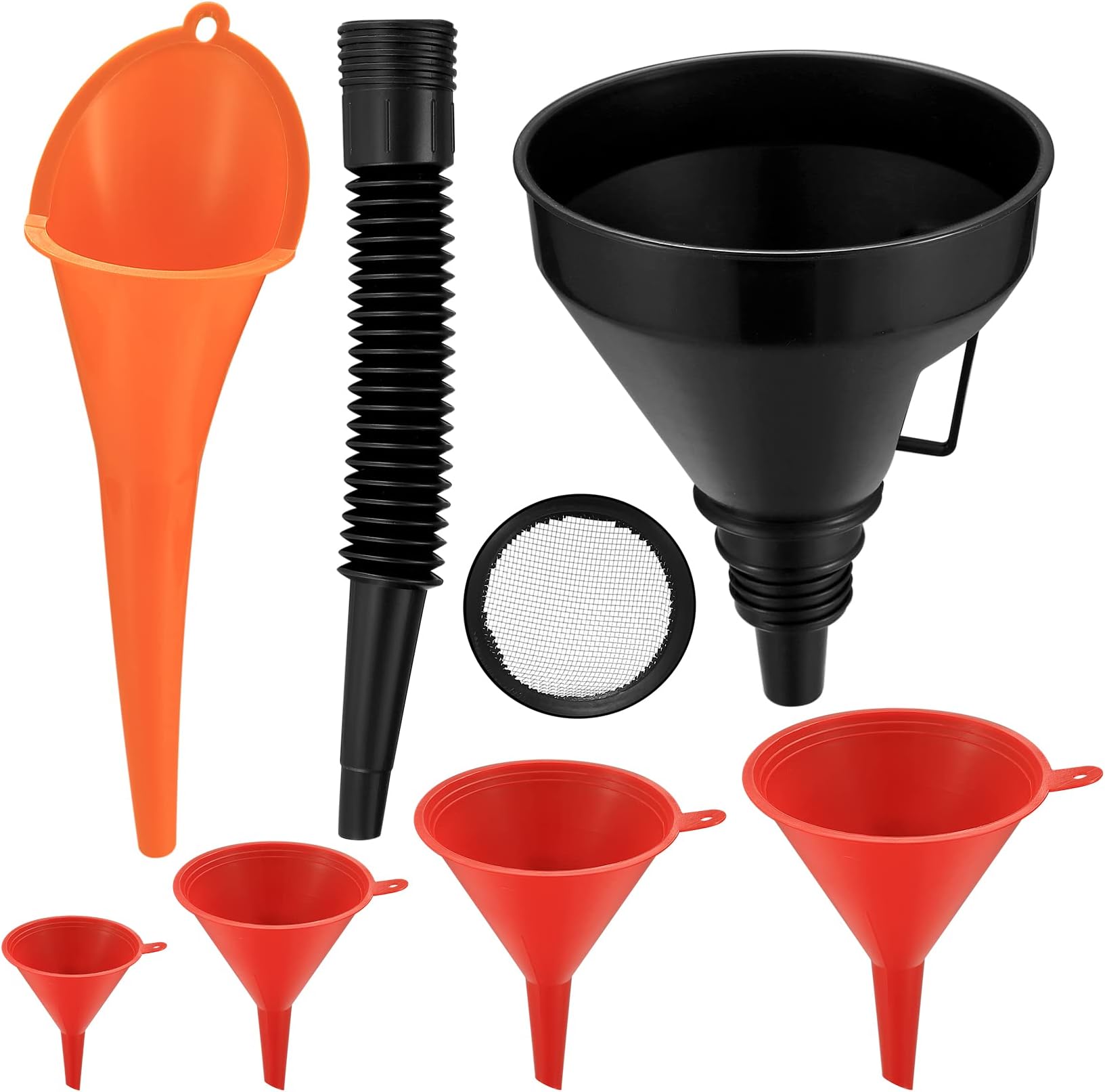 6-Pcs Flexible Plastic Funnel Set - Universal Car, Motorcycle Long Mouth Funnel with Detachable Spout - Red/Orange/Black