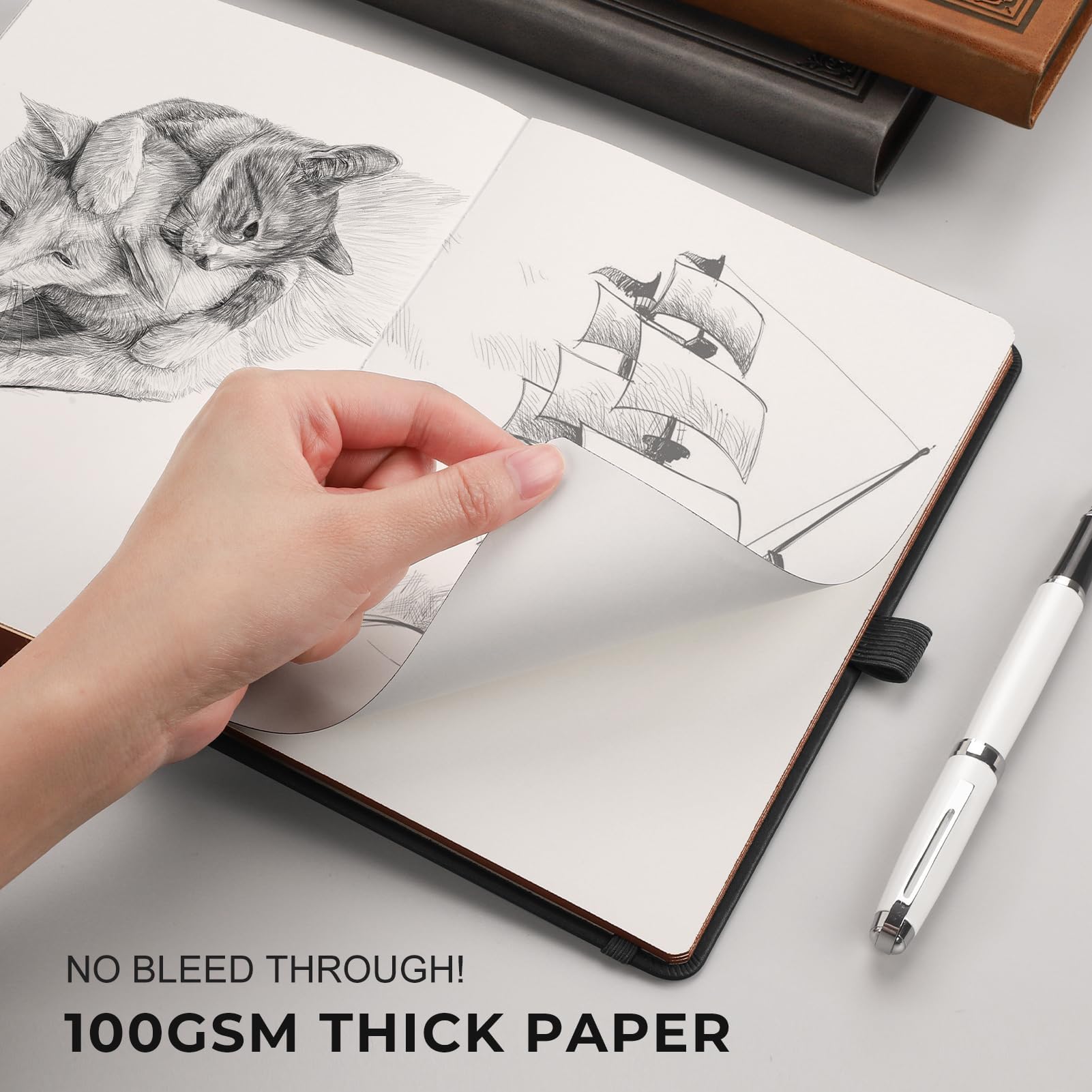 RETTACY A5 Blank Notebook, Hardcover Leather Plain Paper Notebook, 320 Numbered Pages Sketchbook, Inner Pocket, 100gsm Paper - Image 4