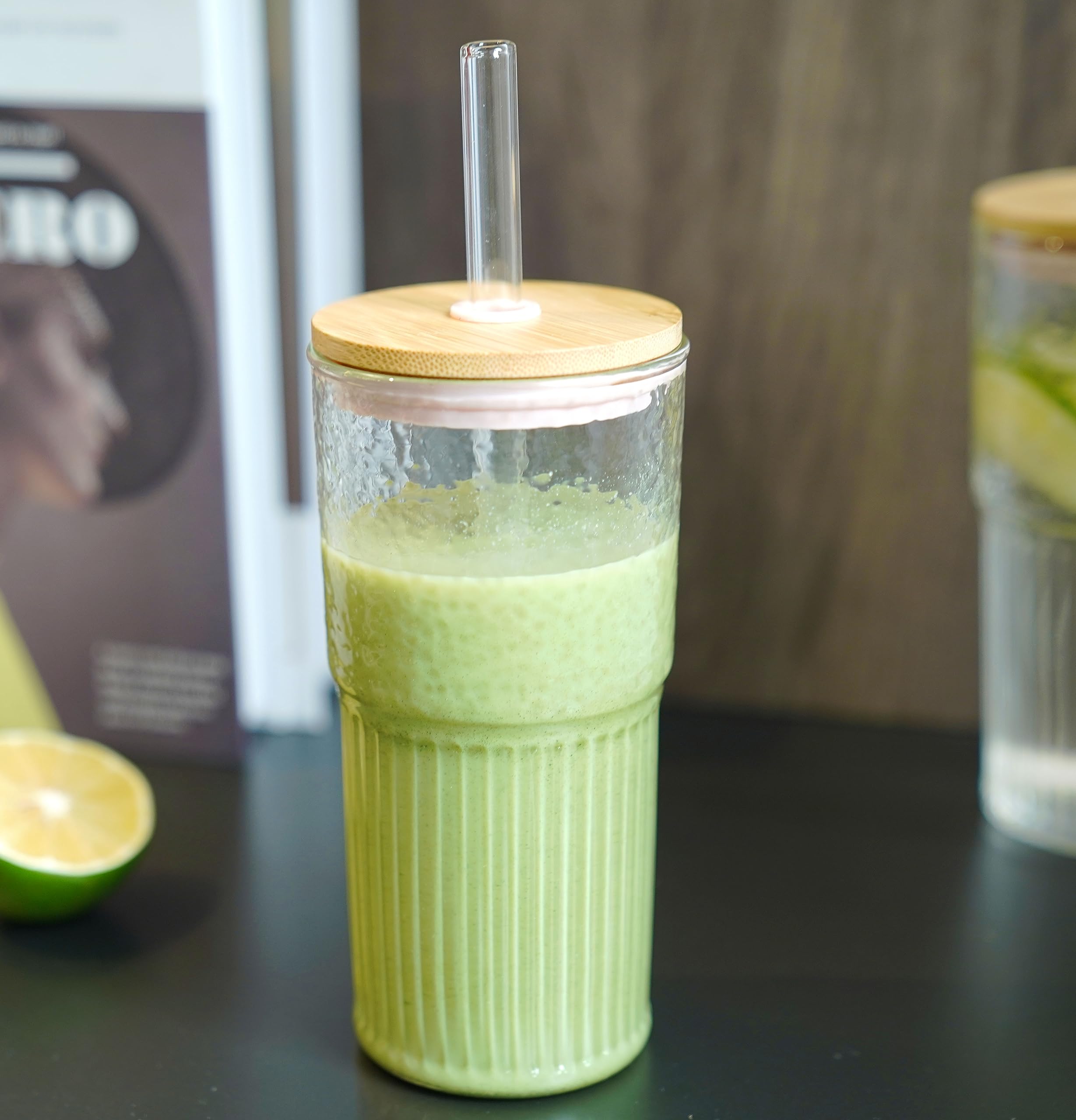 ANOTION Tasses en verre – Tasses à café glacé de 650 ml – Tasse à café glacé réutilisable – Gobelet à smoothie – Verres à eau nervurés – Pour le travail à la maison – Tasse à café de voyage – Ensemble