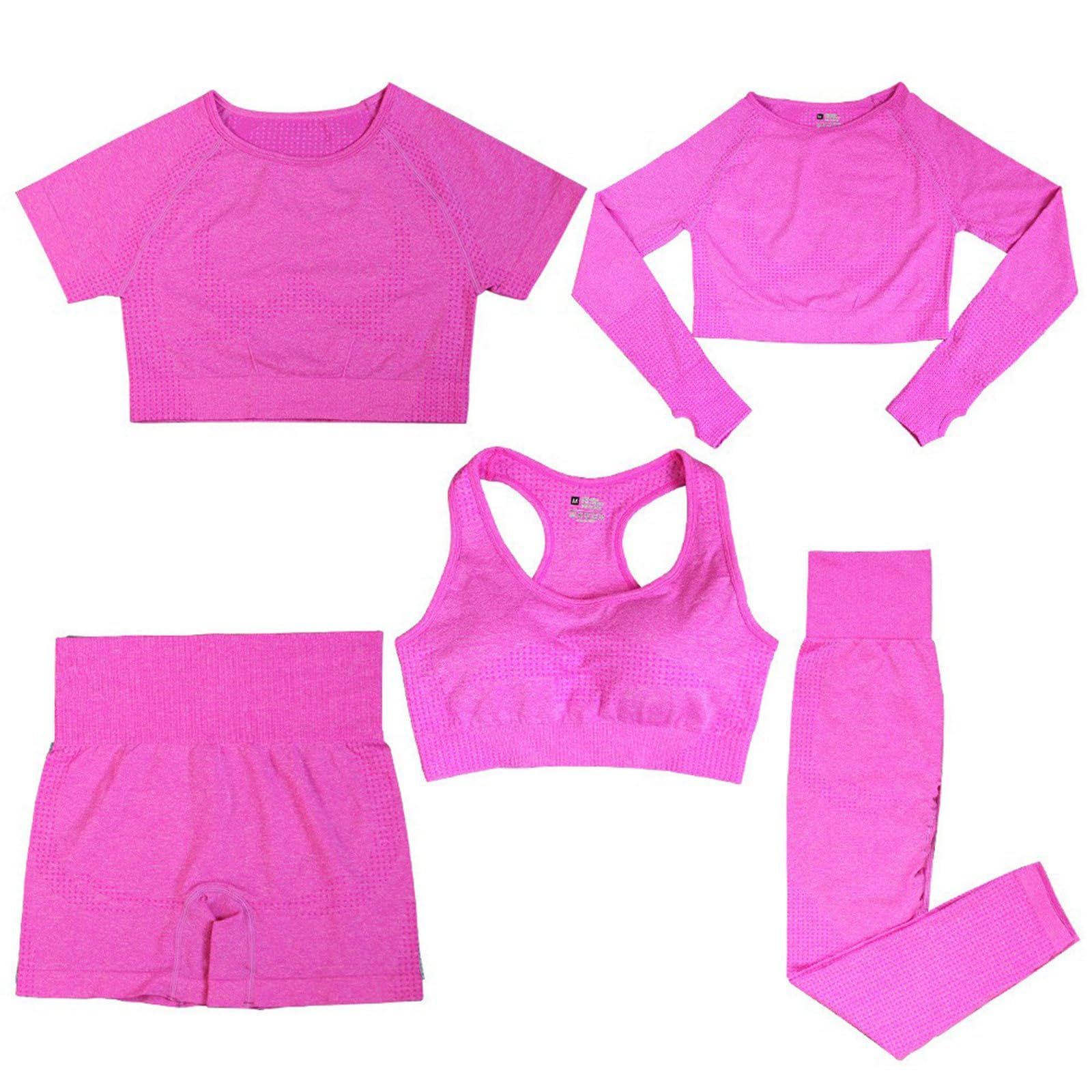 Set da yoga da donna, 5 pezzi, con tessuto elasticizzato senza cuciture, traspirante, per fitness, pilates e allenamenti rilassati, leggings a vita alta, reggiseno sportivo, pantaloncini