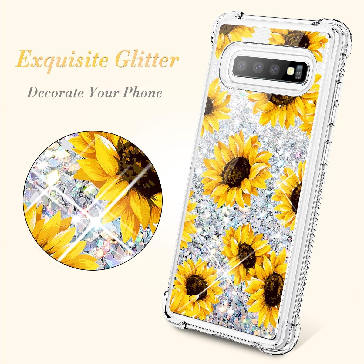 Caka Floral Case for Galaxy S10 Plus Glitter Case Sunflower for Girls Women Flower Luxury Fashion Bling Flowing Liquid Sparkle Glitter Soft TPU Protective Case for Samsung Galaxy S10 Plus (Sunflower)
