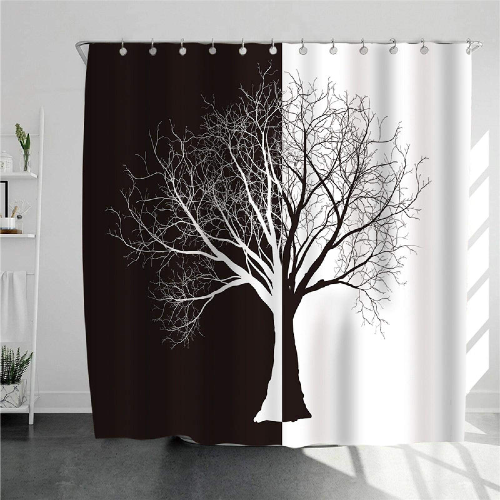 ZAYEN Nordischer Stil Badezimmer Wasserdichte Vorhänge Schwarz und Weiß Baum Duschvorhänge Set mit Haken Wohnkultur Badvorhang 180 x 200 cm Duschvorhang