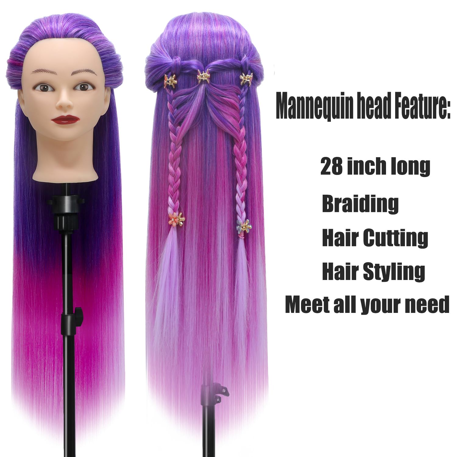 Testa Per Parrucchiere, 28 inch 100% Sintetica Testina Parrucchiere Capelli Testina Per Parruchieri Testina Parrucchiere Capelli con Staffa+ DIY Accessori Per Capelli (Viola rosso rosa)
