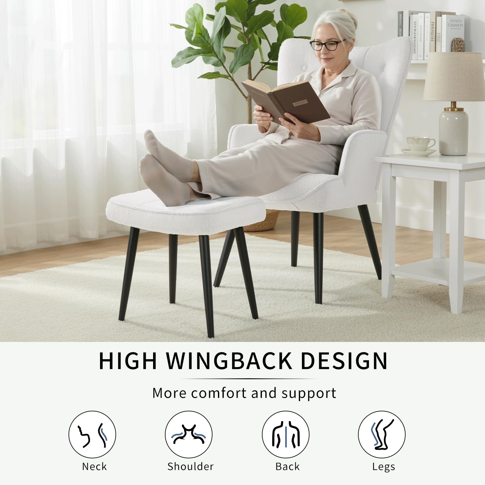 CLEVICH Ohrensessel - Gemütlicher Loungesessel mit Hocker, Lesesesselaus, Teddystoff Armchair für Wohnzimmer & Schlafzimmer - Bis 168kg, Weiß