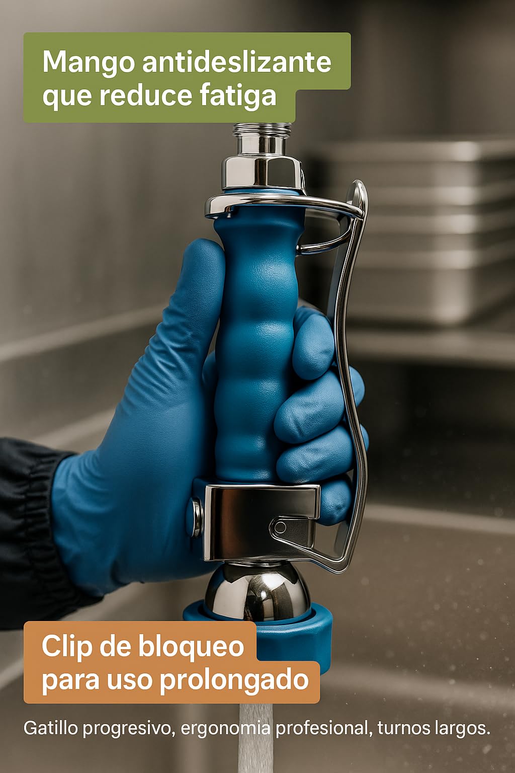 Grifo Ducha 1/2 Modelo Deluxe Acero Inox Mango Antideslizante Válvula Antirretorno Ahorro Agua Prelavado Fregadero Hostelería