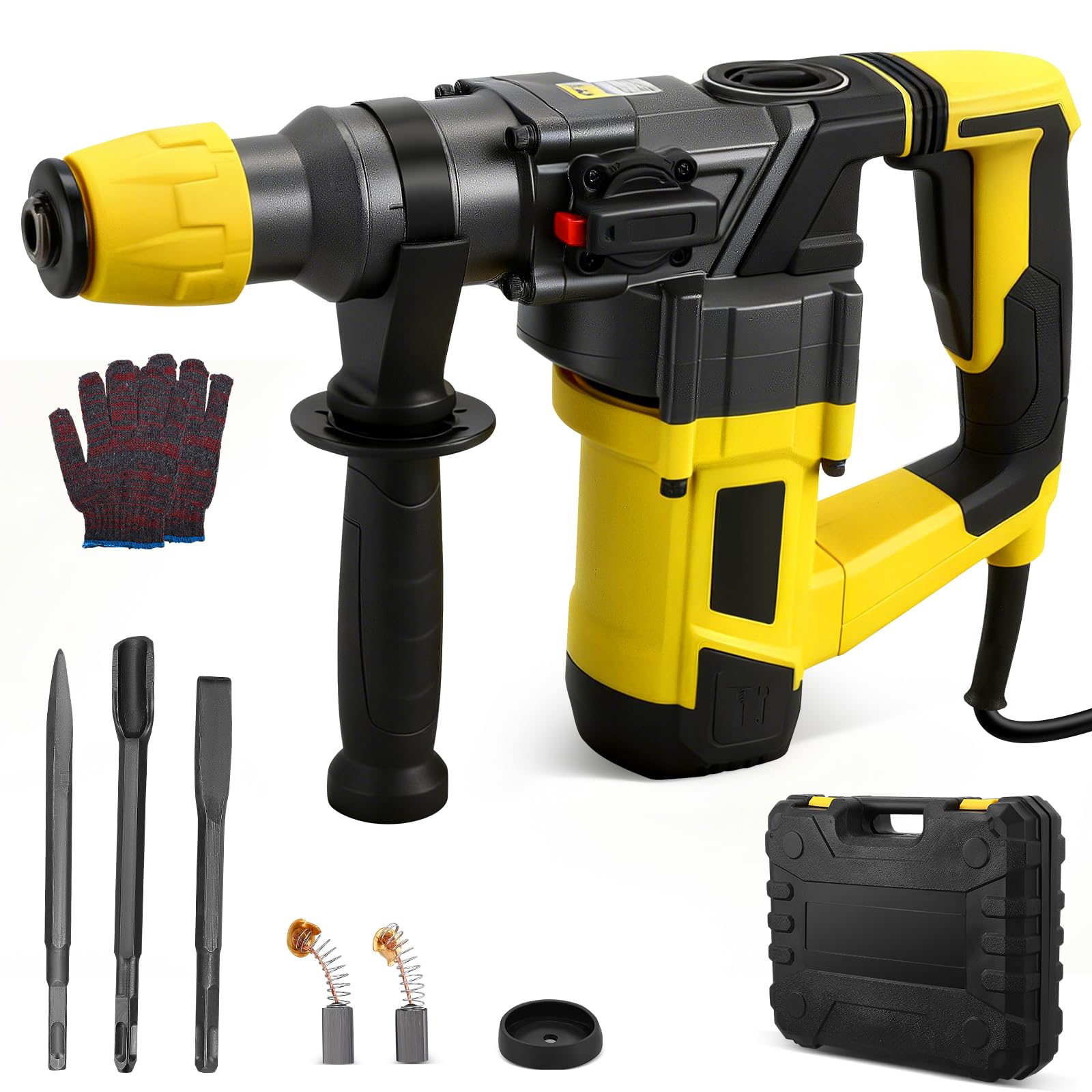 Gvdeirn 1400W SDS Plus Rotary Hammer Drill, 6J Electric Hammer Drill with 4 Functions (Drill/Hammer/Chisel/Positioning), 4500BPM, Anti-Vibration, Includes 3 Chisels, Carry Case & Accessories